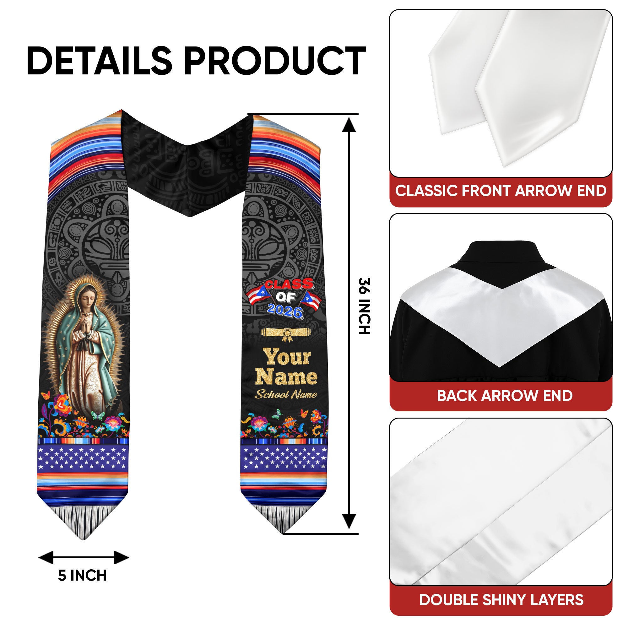 Puerto Rican Flag Graduation Sash 2026, Puerto Rico Grad Stole, PR Custom Detail
