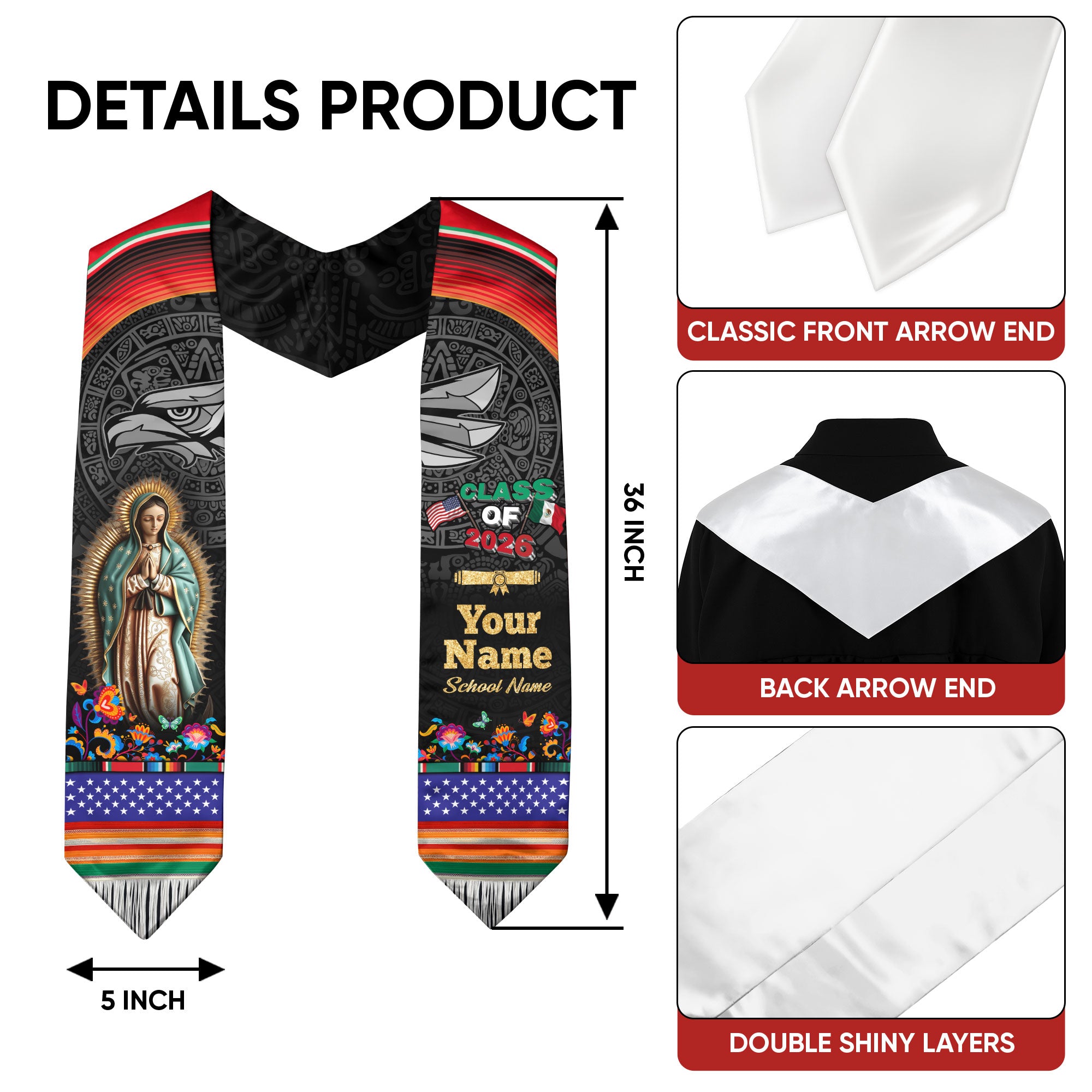 Mexican Flag Graduation Sash 2026, Mexico Stole, Custom Detail Option for Graduates