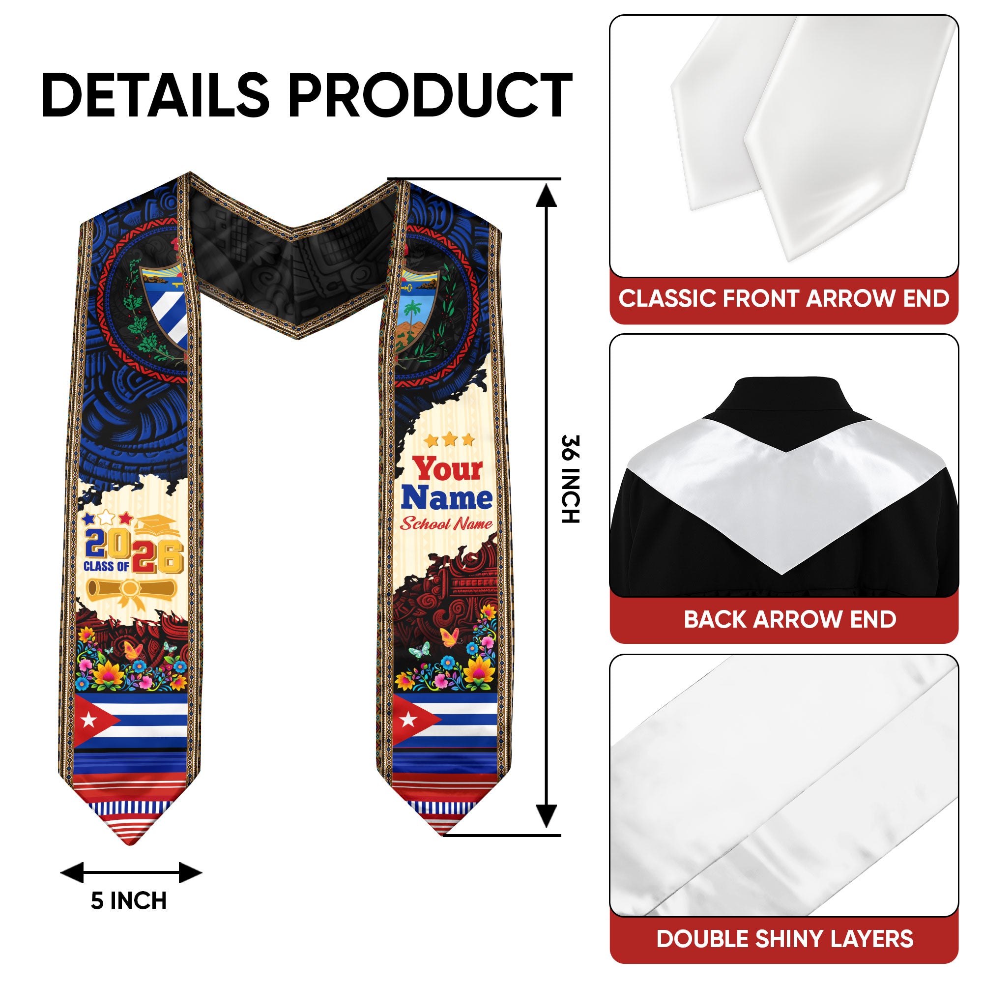 2026 Cuba Graduation Sash, Cuban Flag Stole, Unique Cuba Graduation Stole
