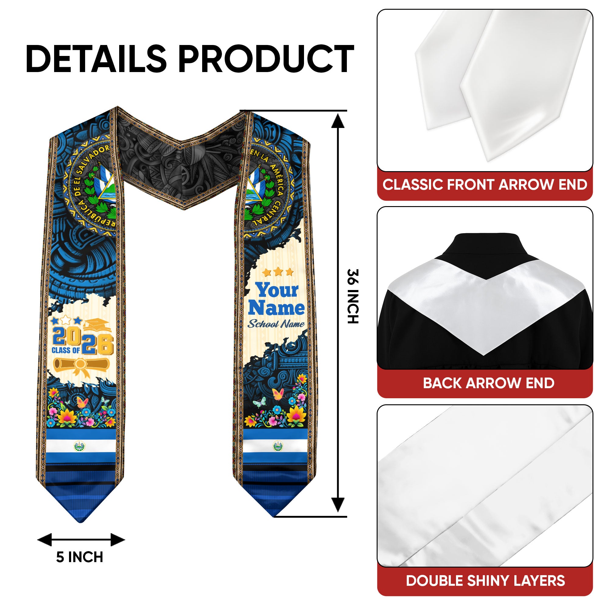 2026 El Salvador Stole, Graduation Sash for El Salvador Pride, Flag-Inspired Sash