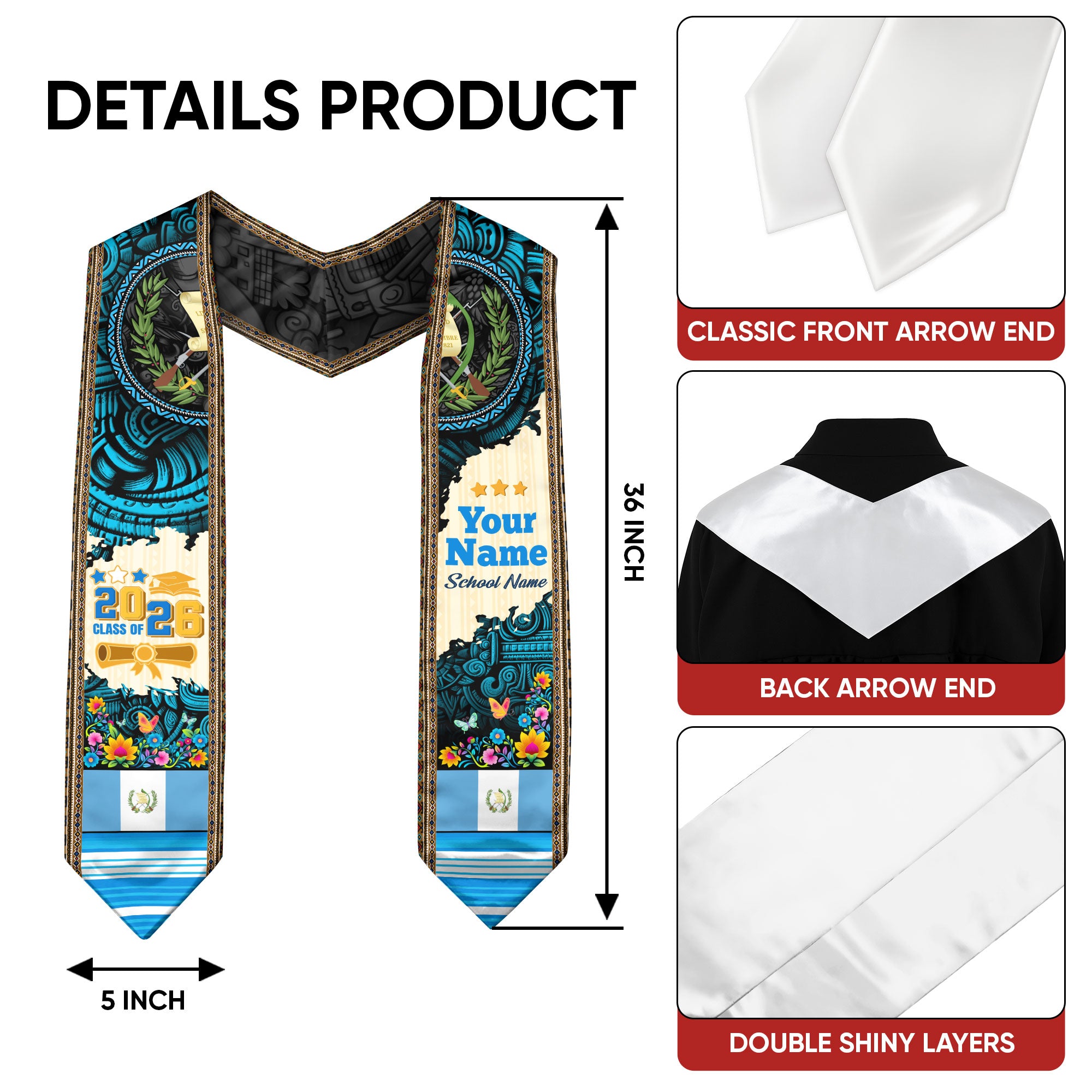 Customized Guatemalan Flag Graduation Sash 2026, Guatemala Graduation Stole, Heritage Academic Style