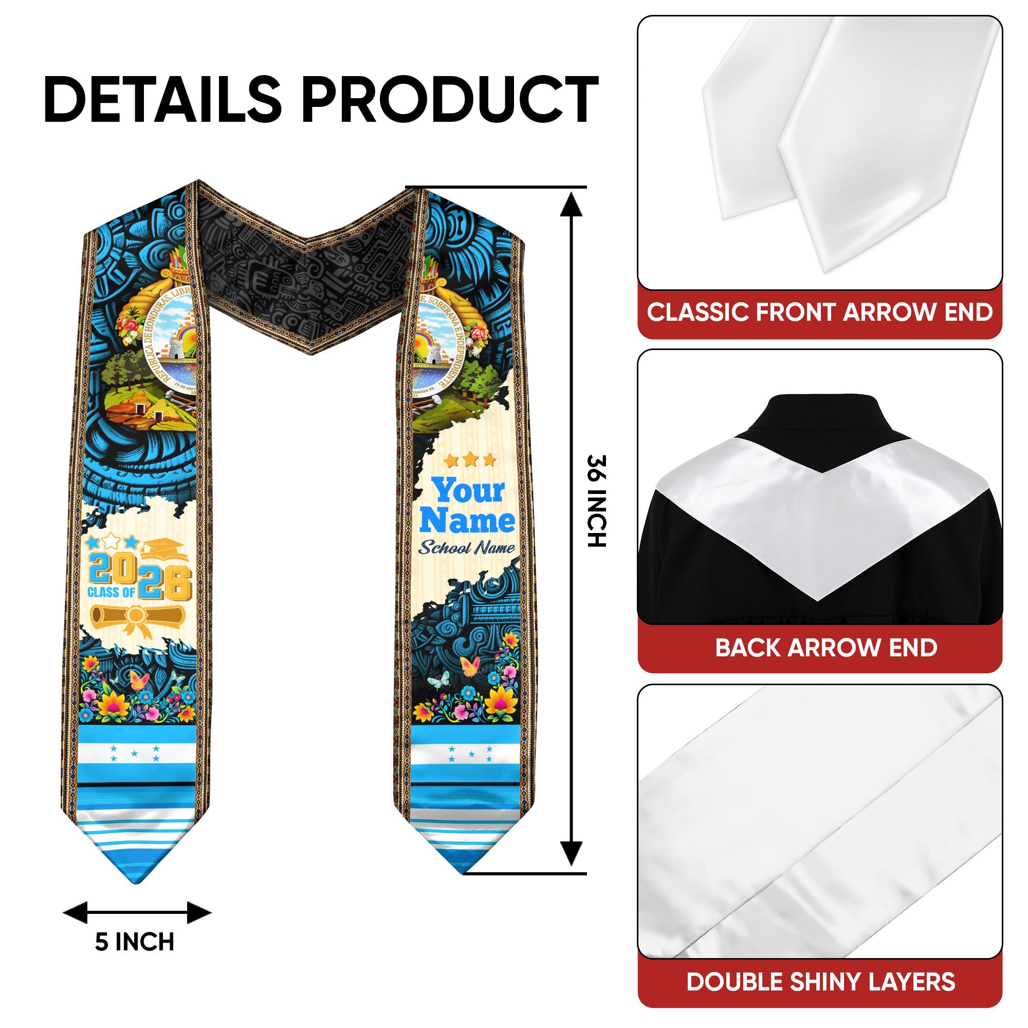2026 Custom Honduras Stole, Honduras Flag Graduation Sash, Personalized Graduation Stole