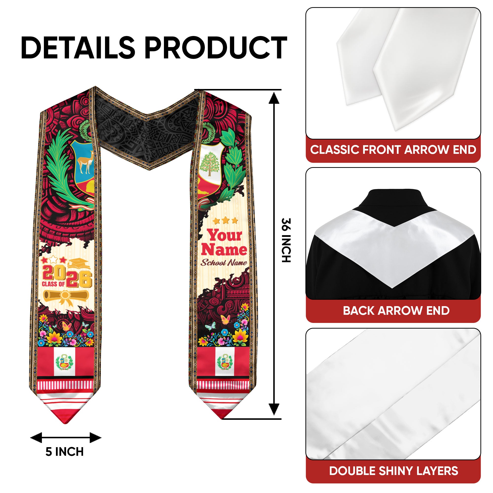 2026 Peru Graduation Stole, Peruvian Stole, Peruvian Flag Graduation Sash