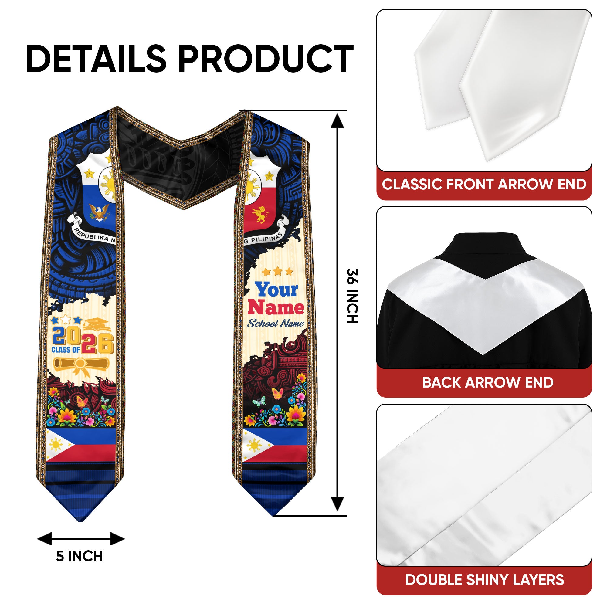 Philippines Graduation Sash 2026, Custom Stole, Philippine Flag Stole, Graduate Gift