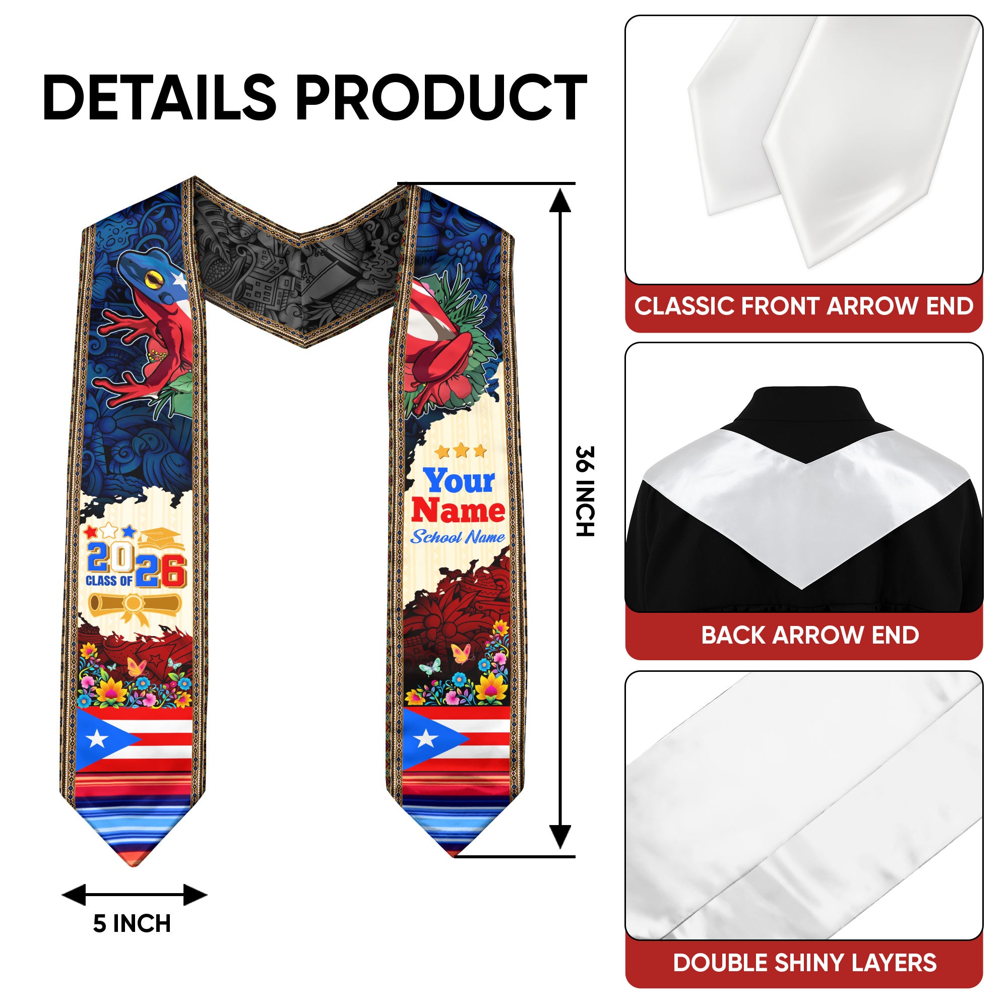 Puerto Rico Flag Graduation Stole 2026, Puerto Rican Graduation Sash, Custom Finish