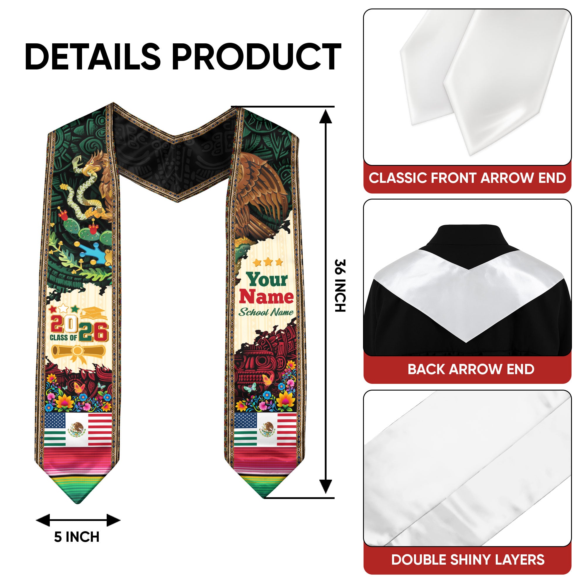 Mexico Flag Graduation Stole 2026, Mexican Grad Sash, Custom-Ready Gift Stole 2026