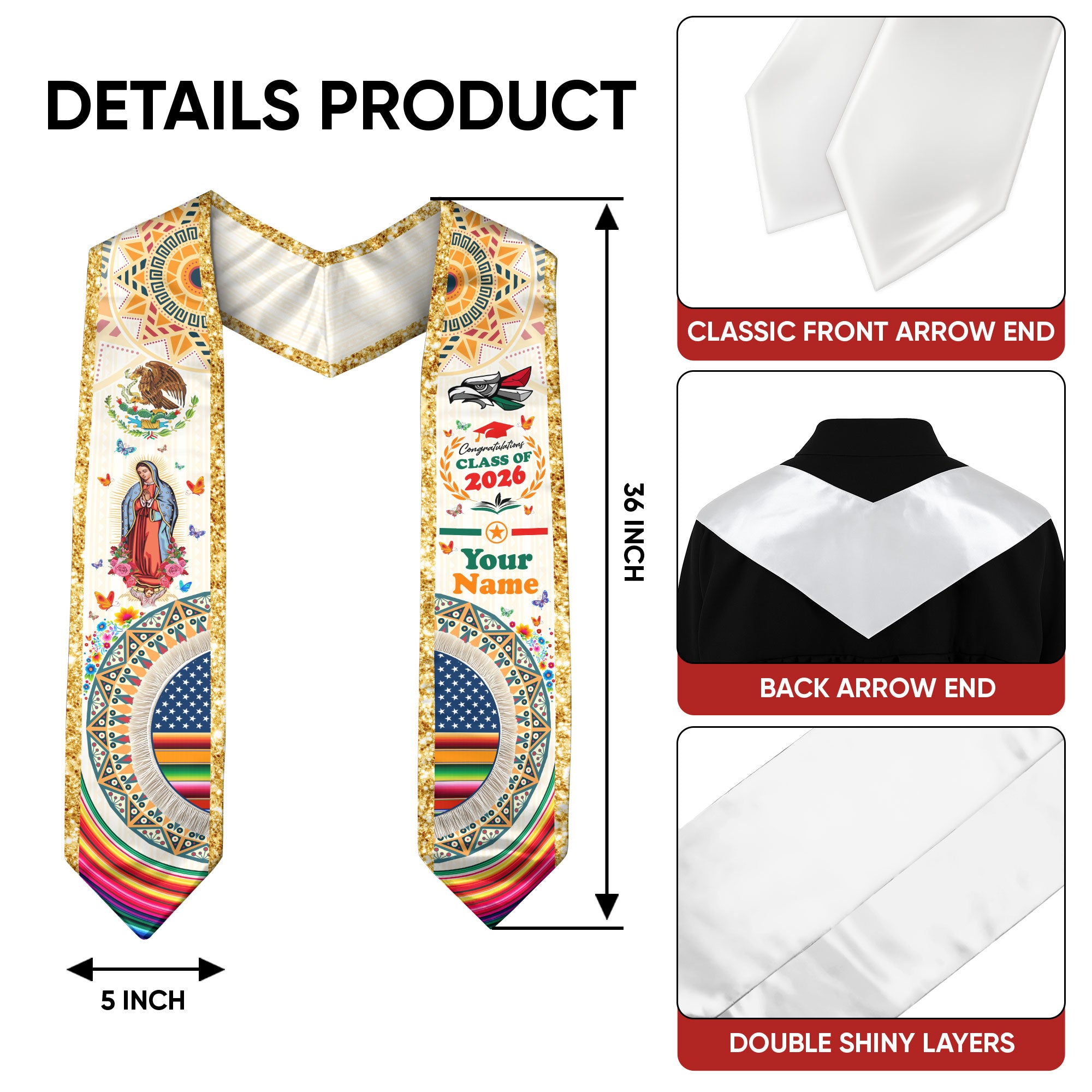 Mexican Graduation Sash 2026, Mexico Flag Stole, Graduation Sash with Custom Finish