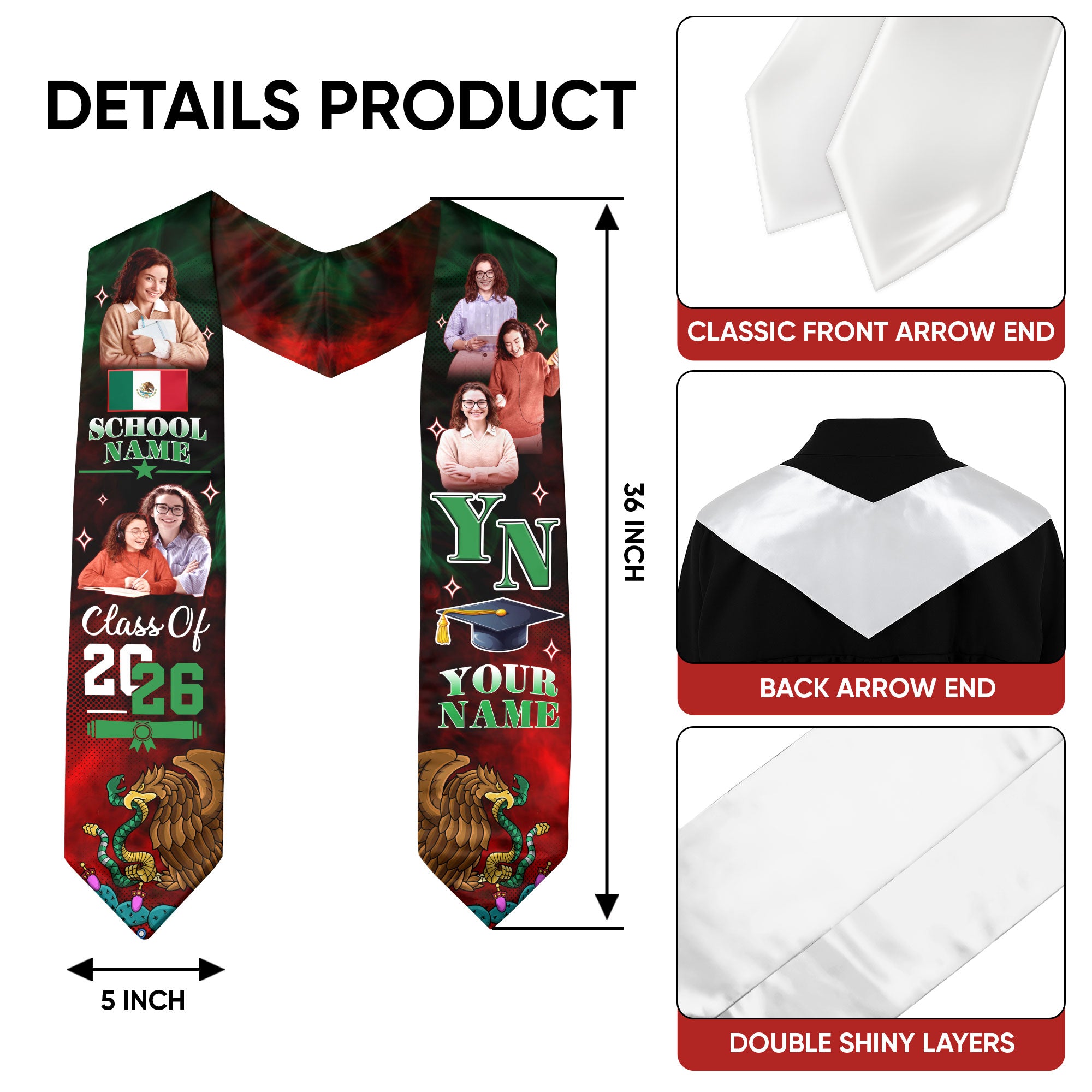 Mexico Graduation Stole 2026, Mexican Flag Sash, Personalized Detail for Graduation