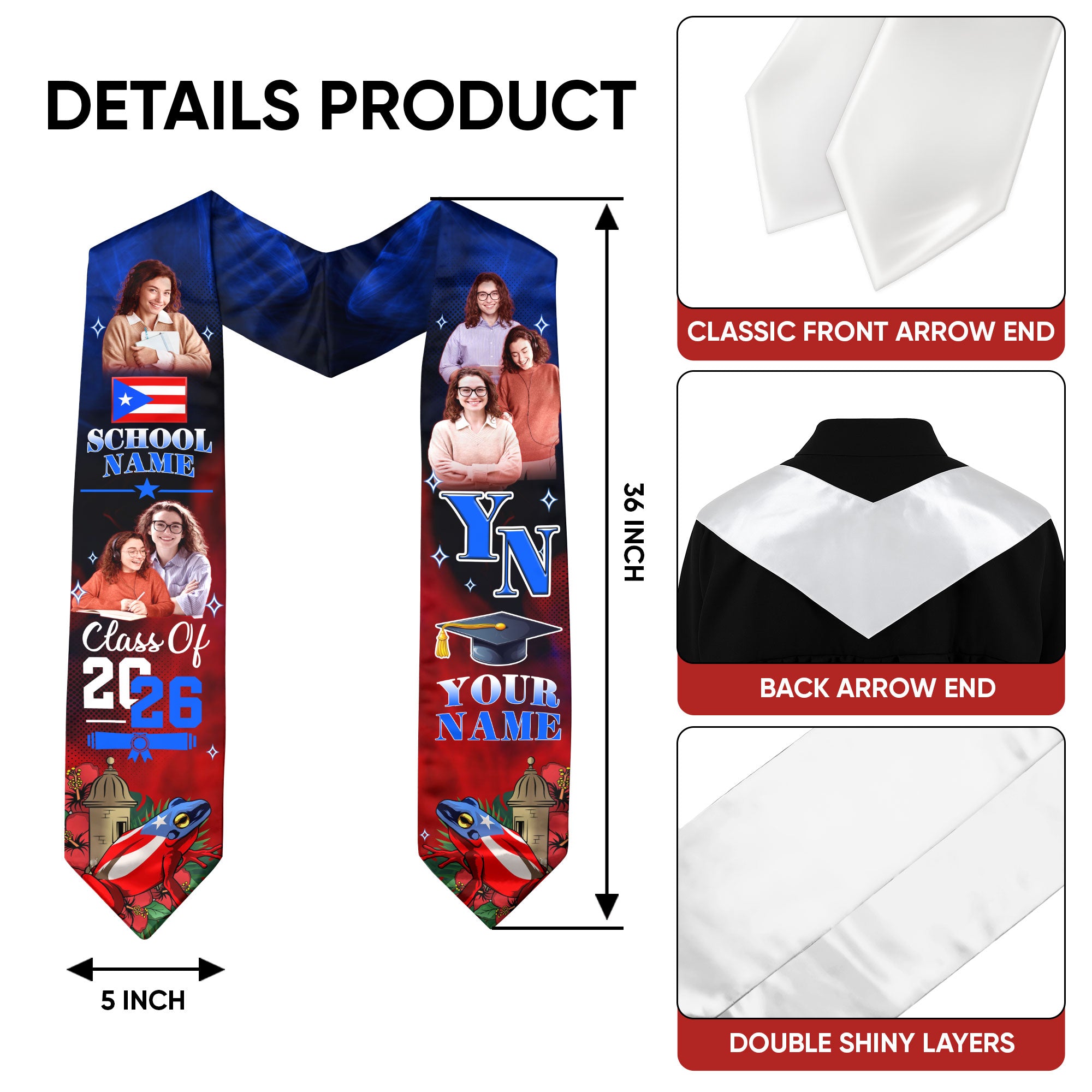 Puerto Rico Graduation Stole 2026, Puerto Rican Flag Sash, Add Your Name Detail, Grads