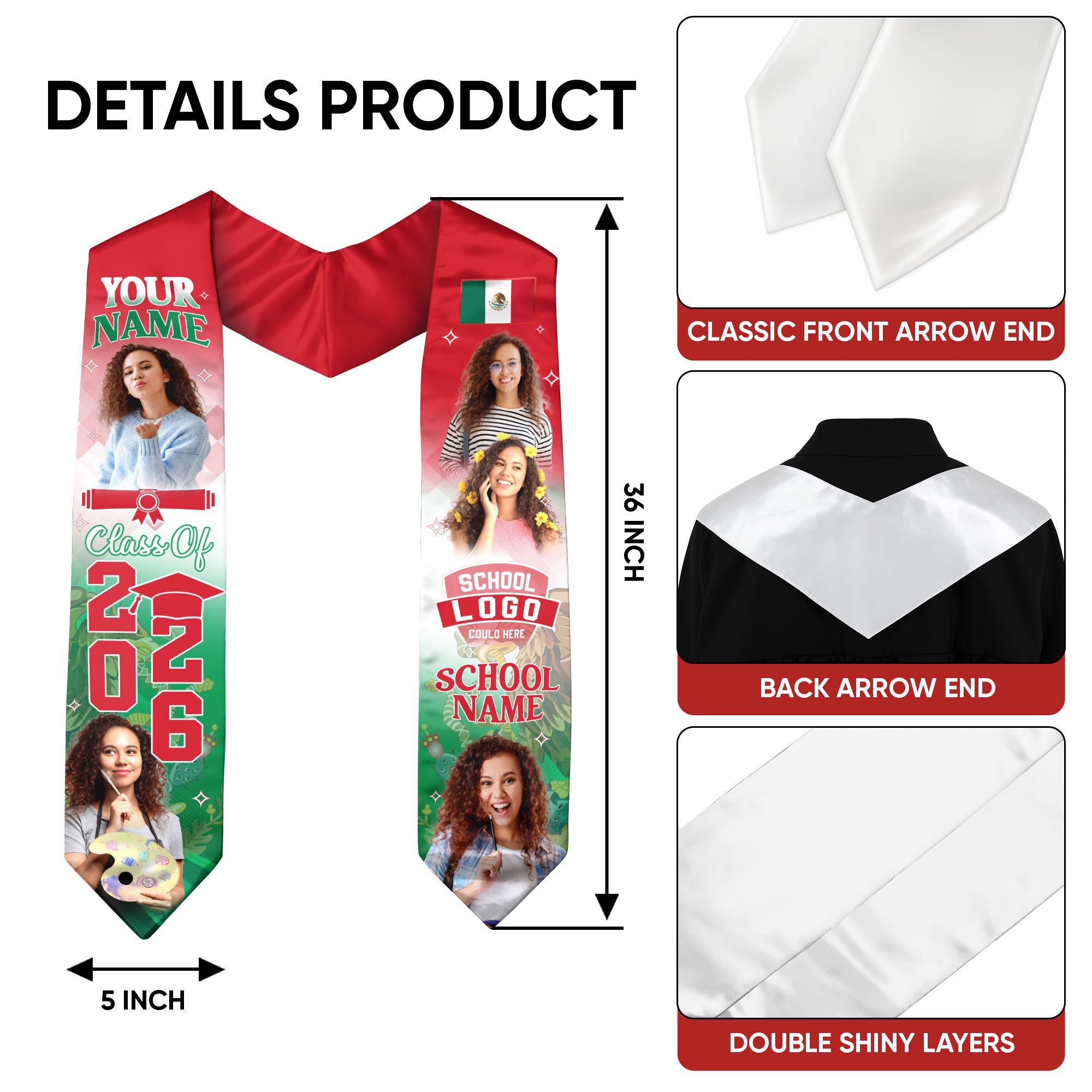 2026 Mexican Flag Graduation Sash, Mexico Stole for Grads, Tailored Finish Detail