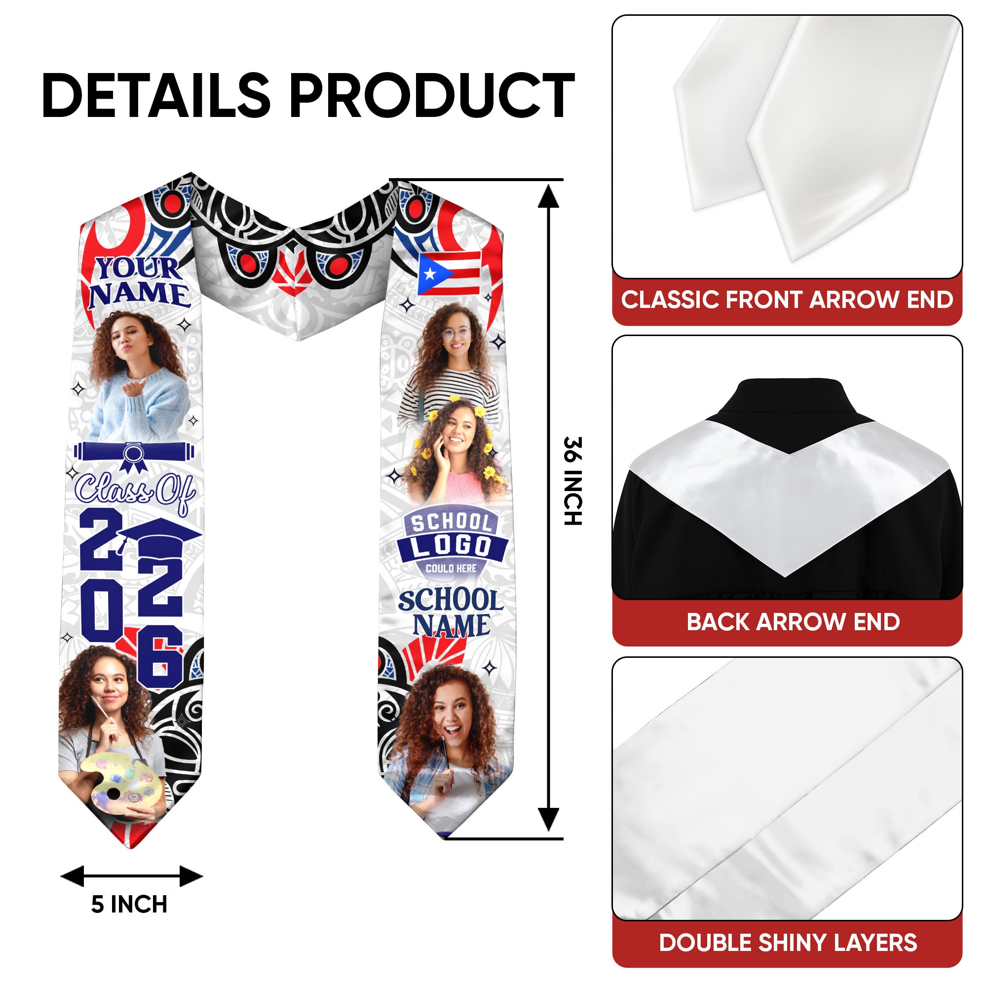 2026 Puerto Rican Flag Graduation Sash, Puerto Rico Stole, Personalized Stitching