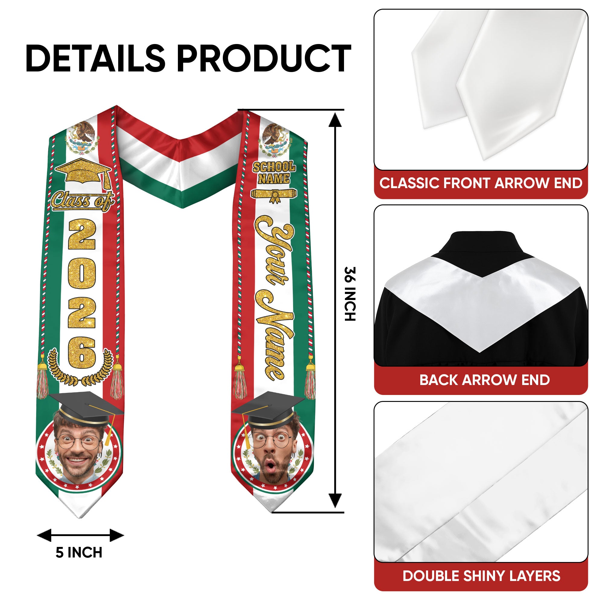 Mexican Graduation Sash 2026, Mexico Flag Stole, Signature Personalized Touch