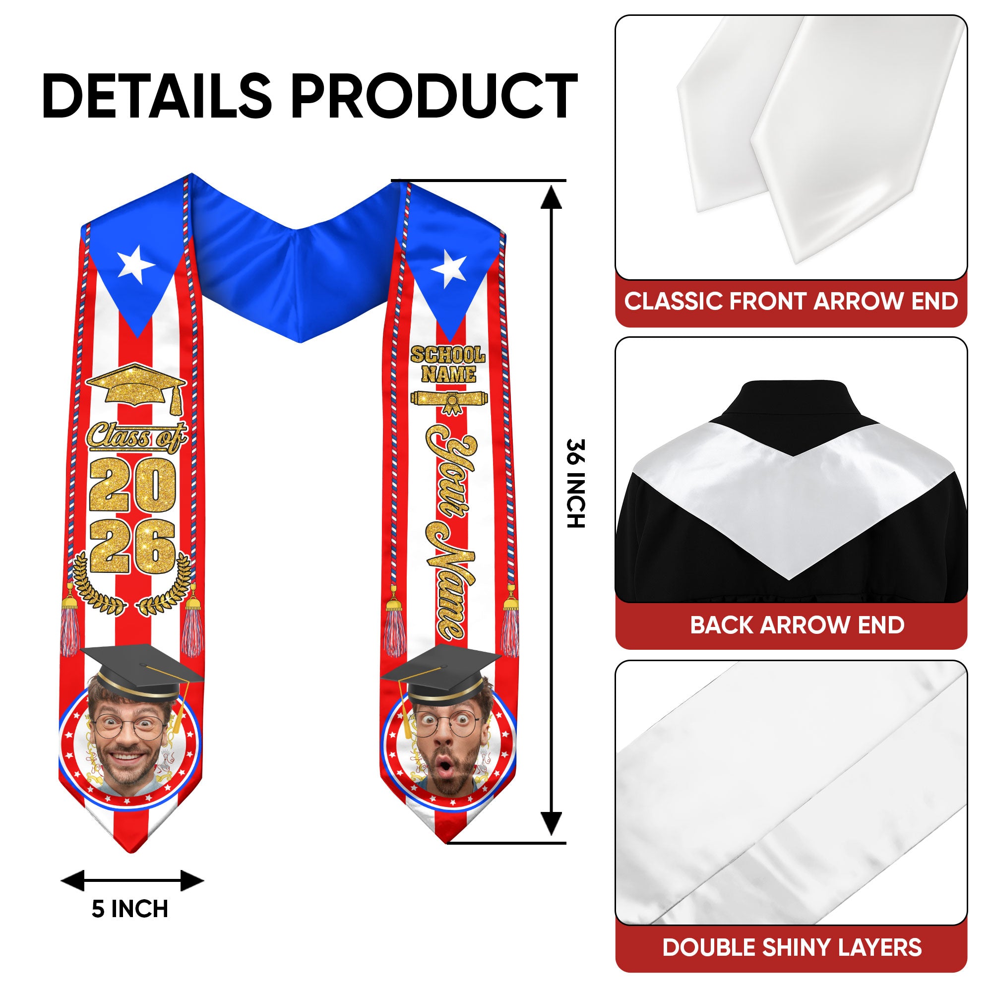Puerto Rican Graduation Sash 2026, Puerto Rico Flag Stole, Name & Year Option for Grads