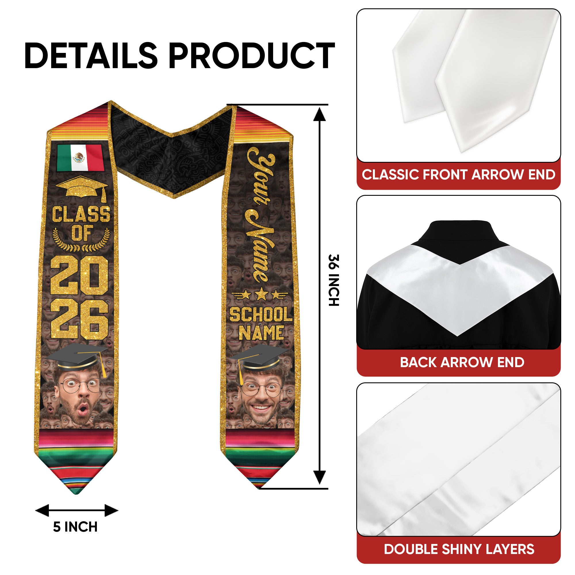 Mexico Flag Graduation Stole 2026, Mexican Sash for Graduates, Name Detail Option