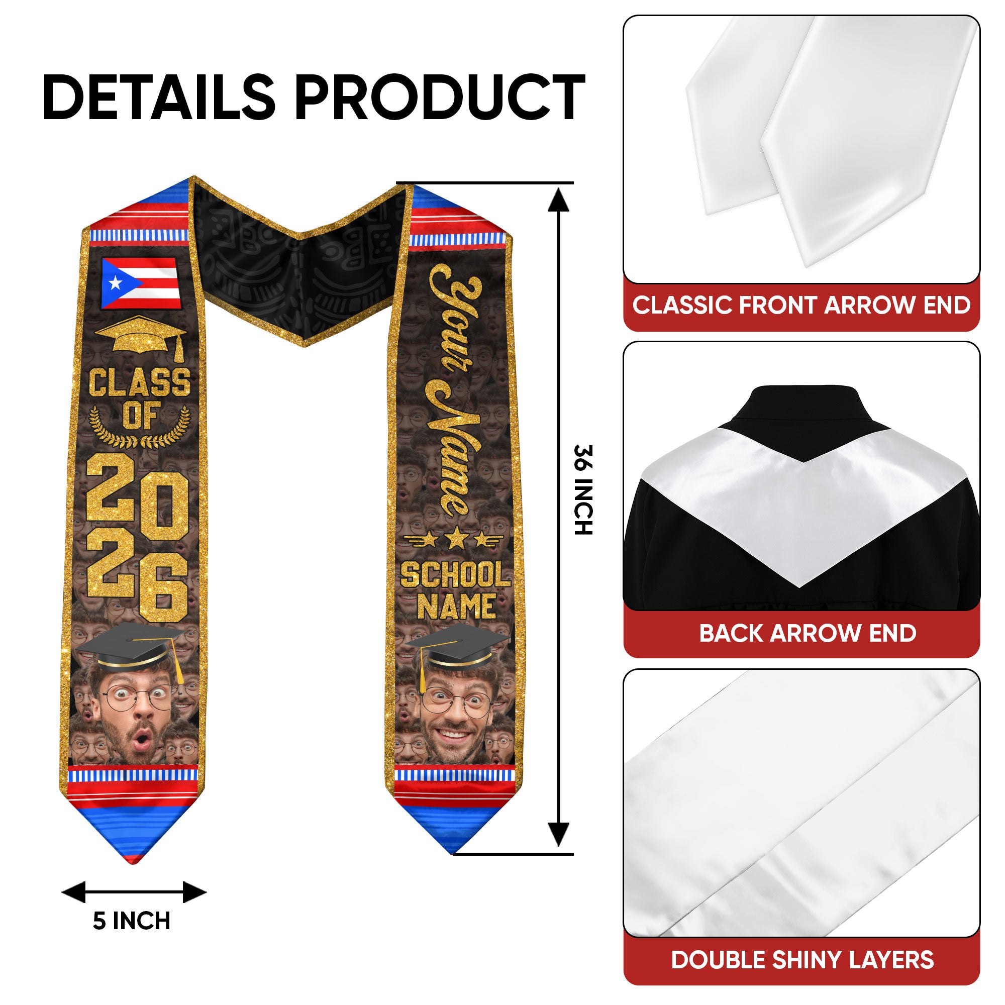 Puerto Rico Flag Graduation Stole 2026, Puerto Rican Sash, Personalized Finish for Grads