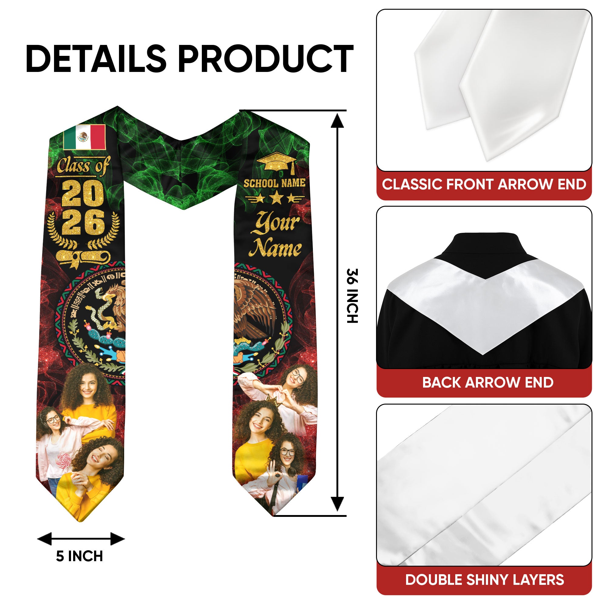 2026 Mexico Stole, Mexican Flag Graduation Sash, Crafted With Your Details