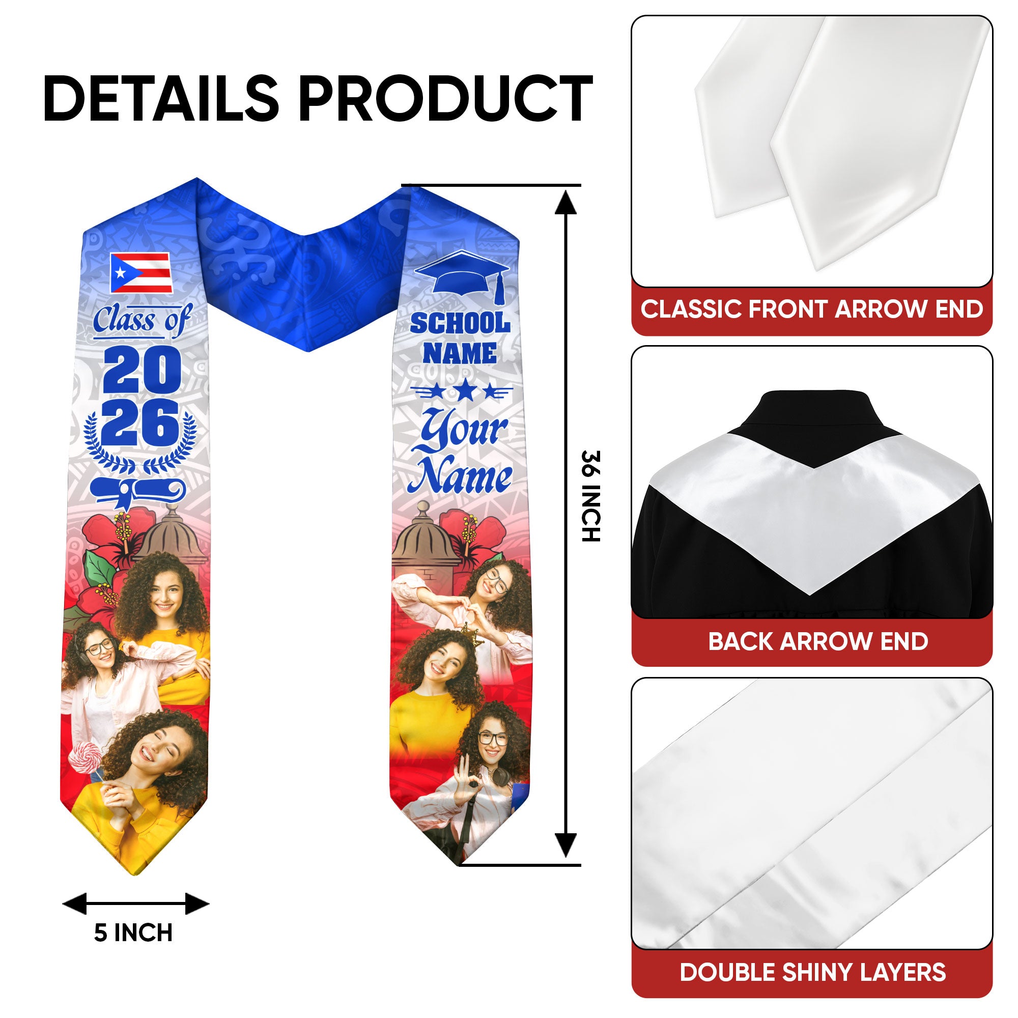 2026 Puerto Rico Graduation Stole, Puerto Rican Flag Sash, Made With Your Details