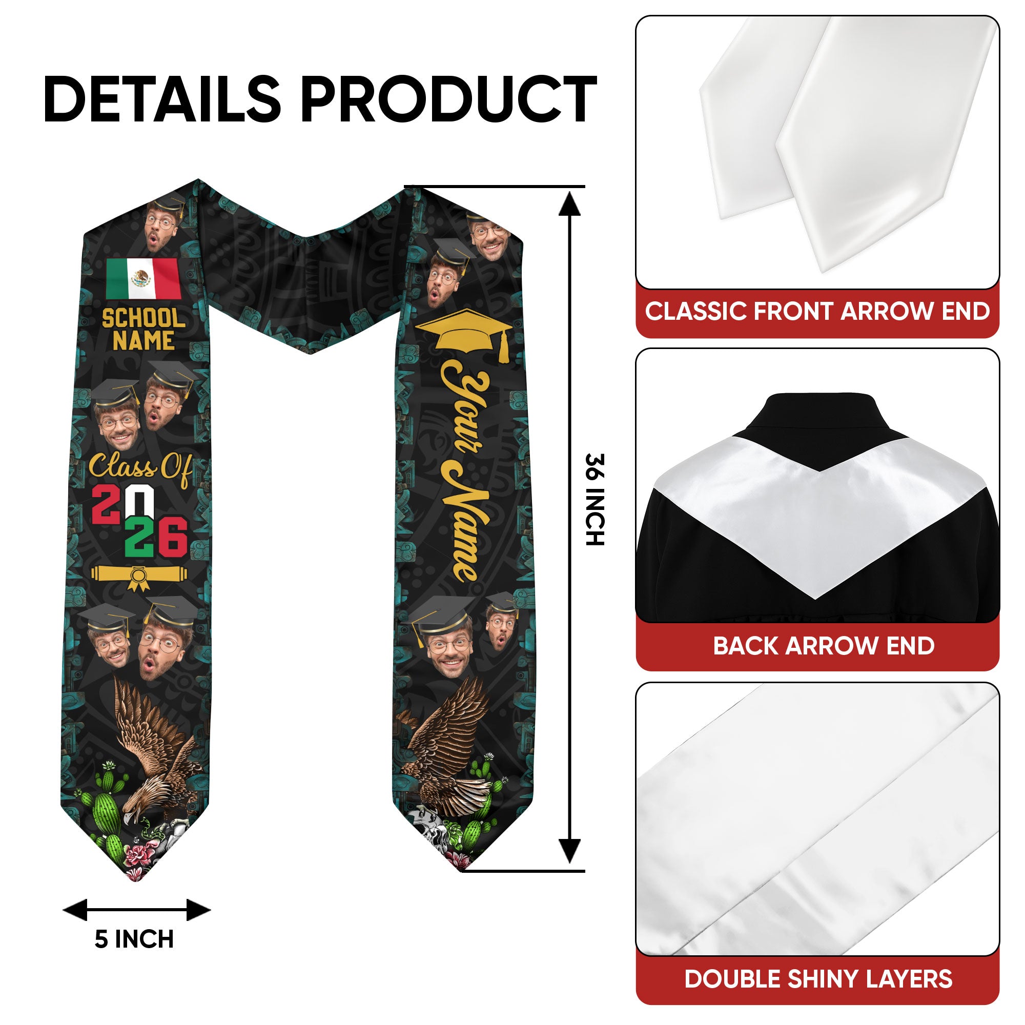 Mexican Flag Sash 2026, Mexico Graduation Stole, Customizable Detail Style