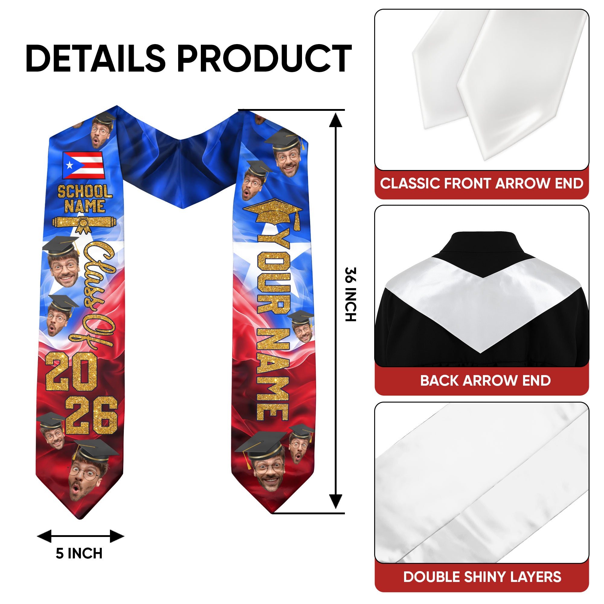 Puerto Rican Flag Sash 2026, Puerto Rico Graduation Stole, Personal Name Add-On, Gift