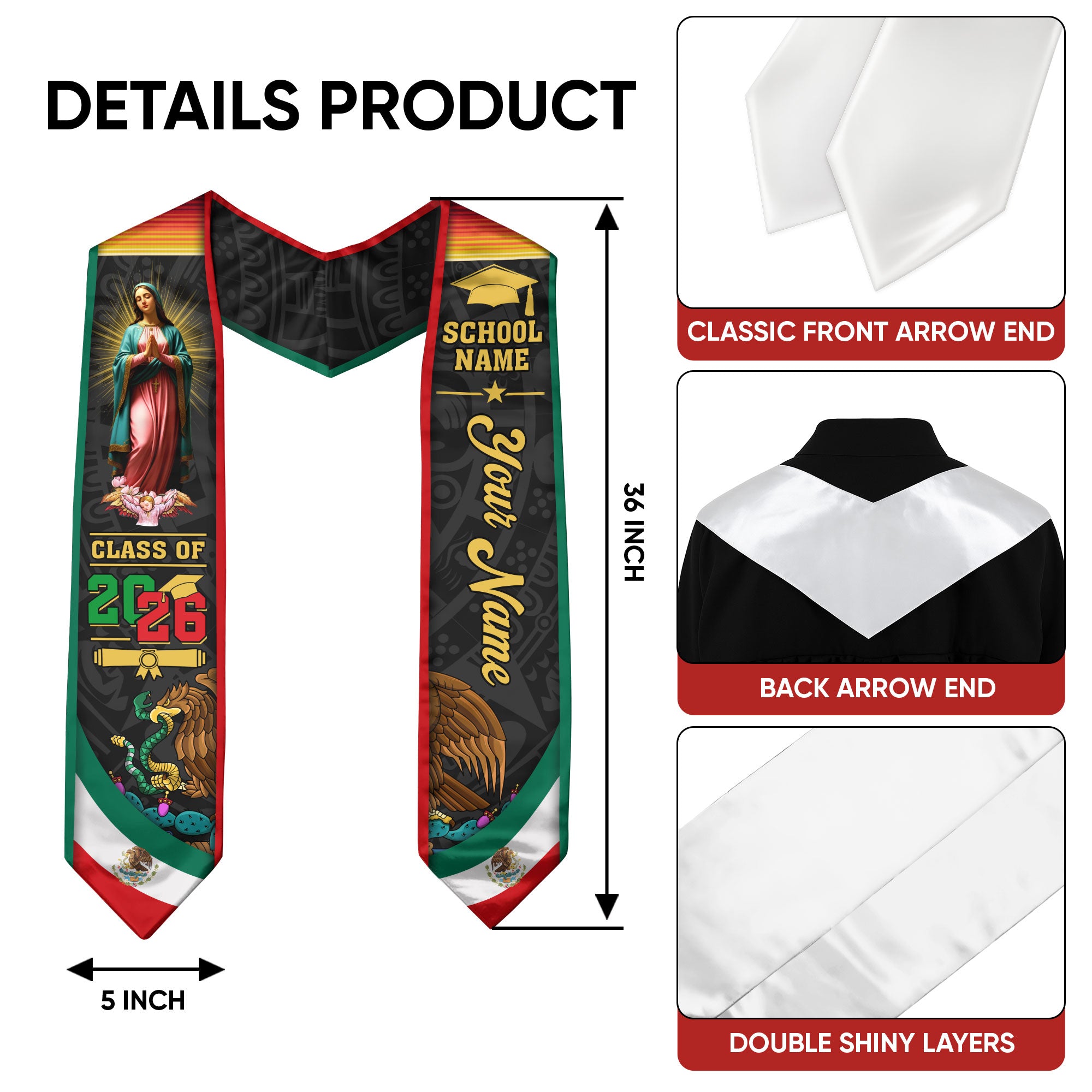 2026 Mexican Graduation Stole, Mexico Flag Sash, Personalized Accent for Grads