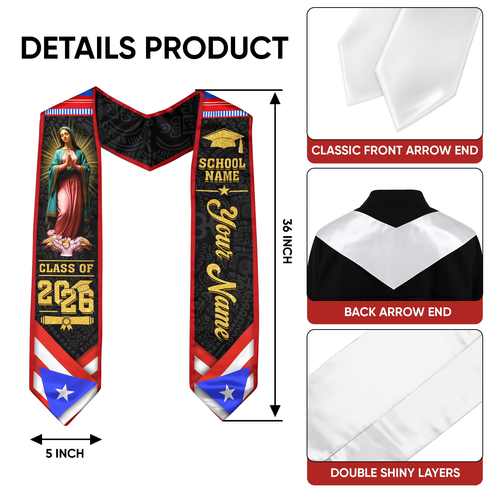 2026 Puerto Rico Stole for Graduation, Puerto Rican Flag Sash, Personal Detail for Grads