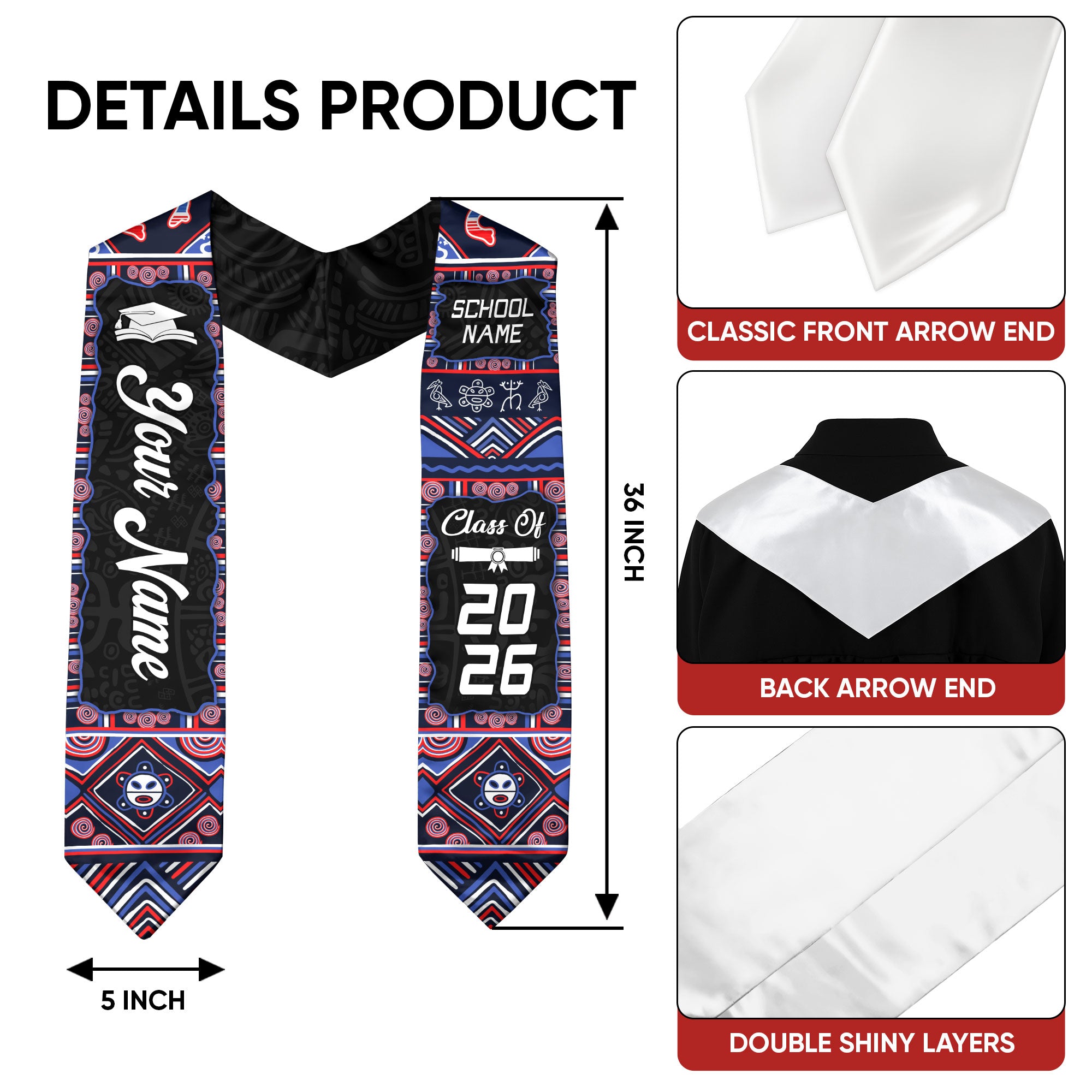 Puerto Rico Graduation Stole 2026, Puerto Rican Flag Sash, Personalized Detail Finish