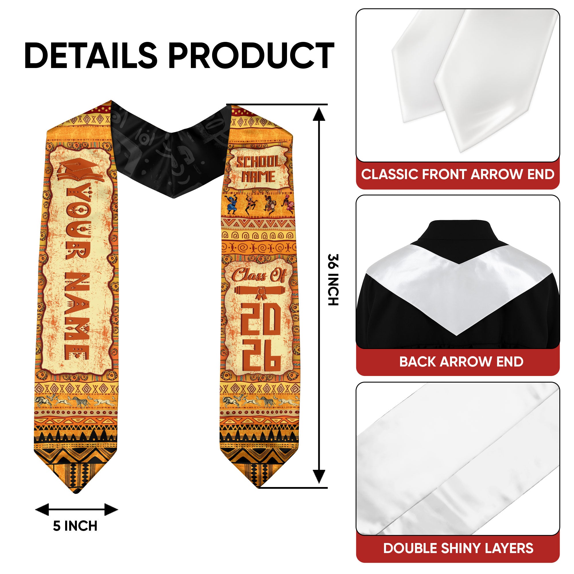 Customized African Graduation Stole, Cultural Graduation Sash for African American Class of 2026