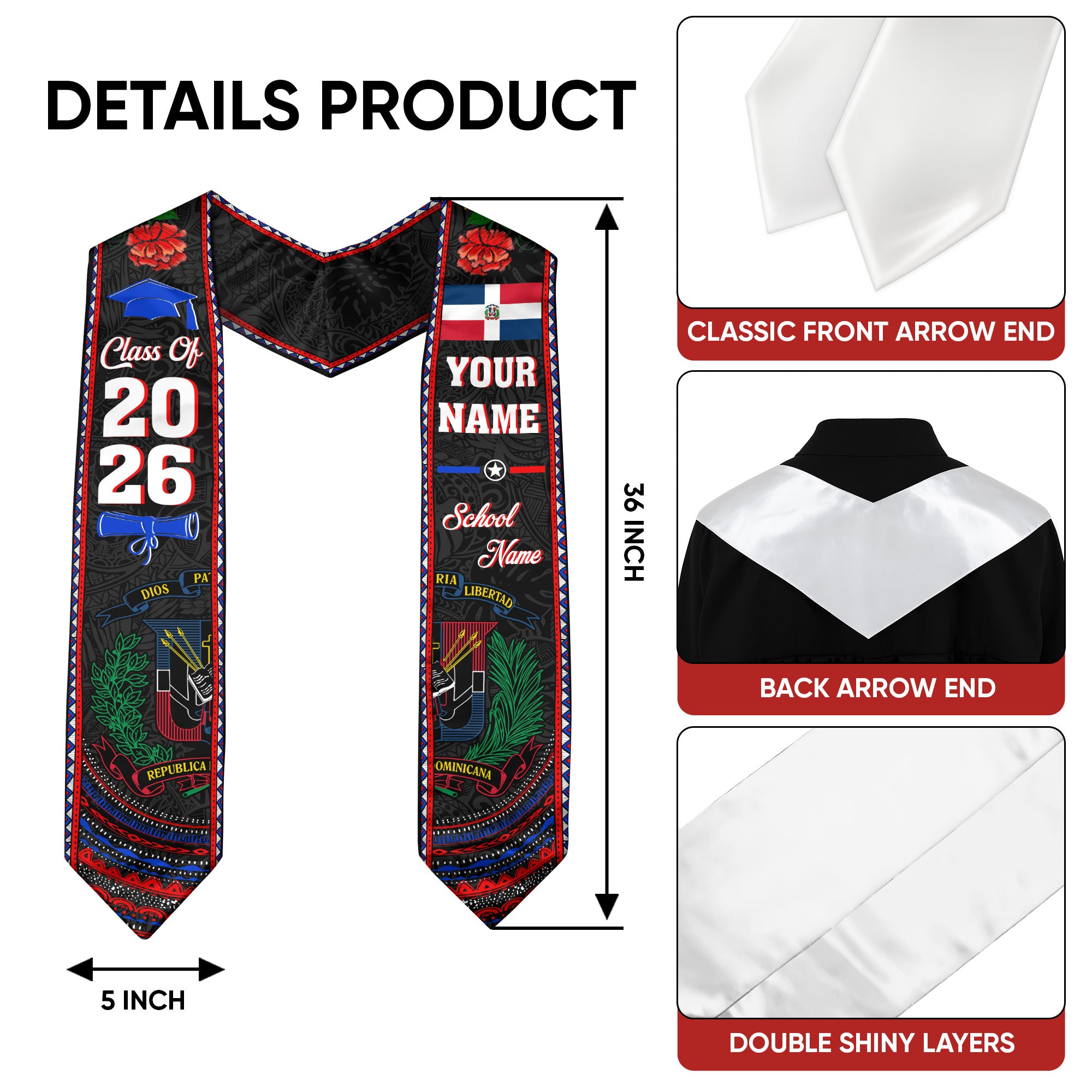 2026 Dominican Republic Graduation Sash, Dominican Flag Stole, Custom Graduation Stole