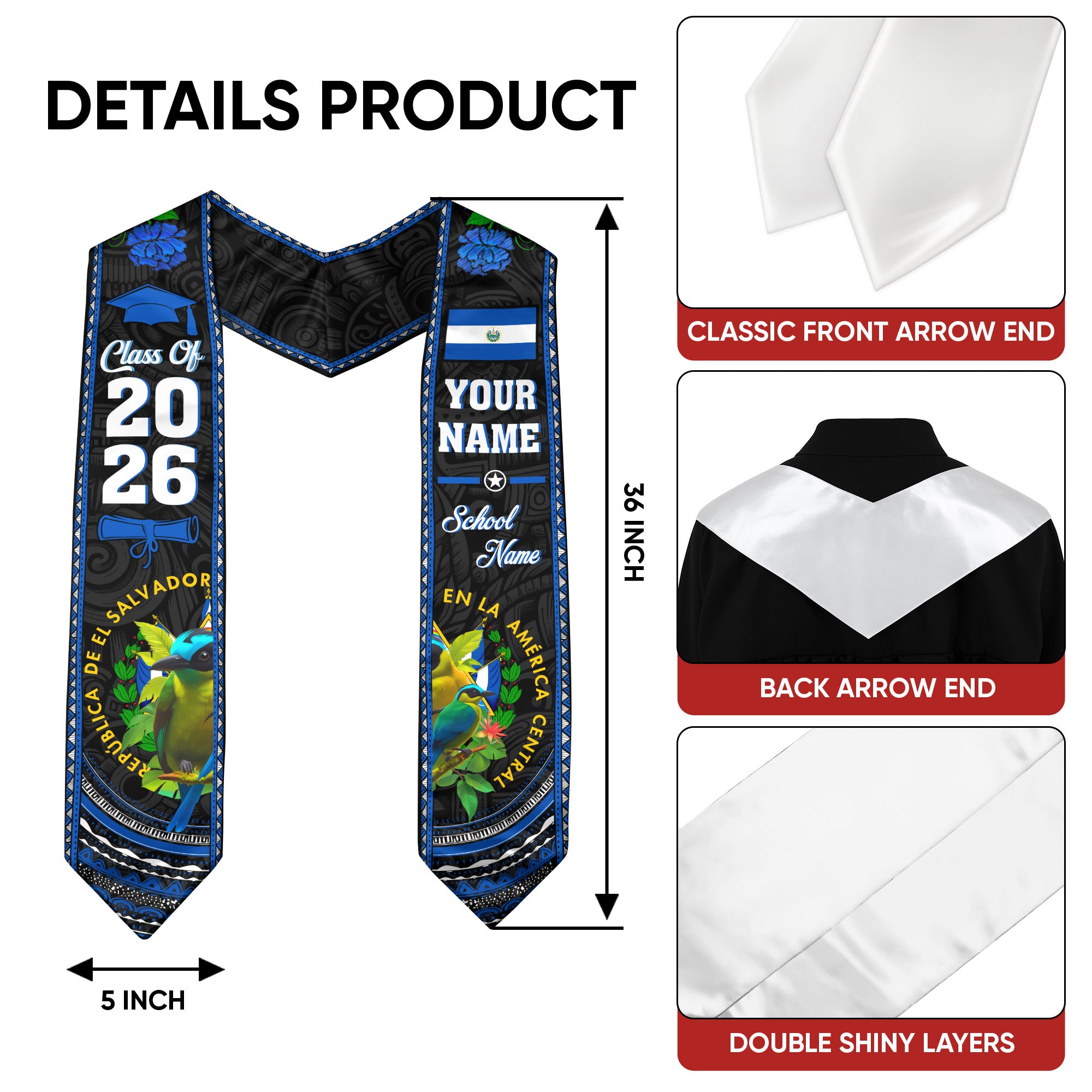 El Salvador Graduation Stole 2026, El Salvador Flag Sash, Personal Detail Option for Grads