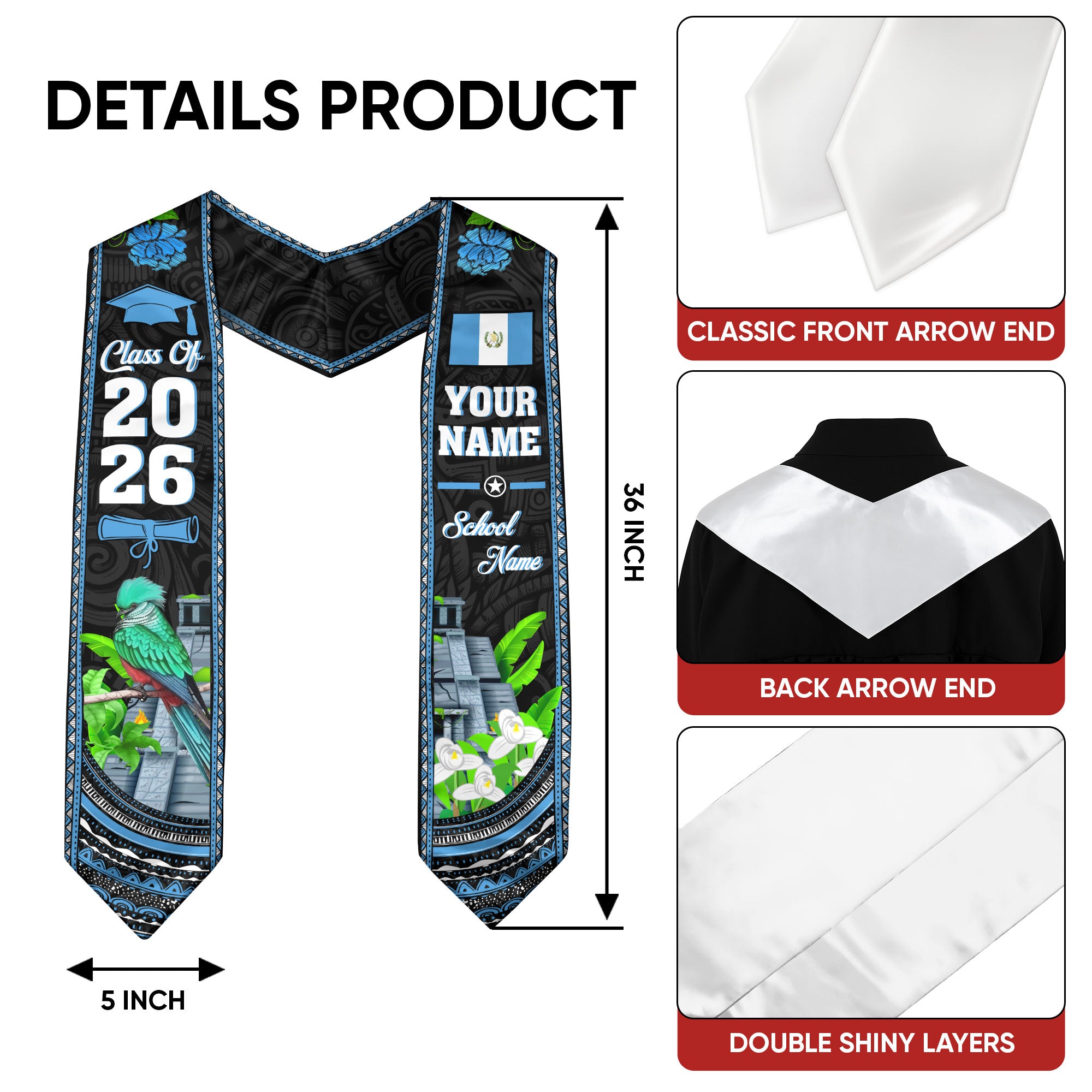 Guatemala Graduation Stole 2026, Guatemala Flag Sash, Personal Detail Option for Graduates