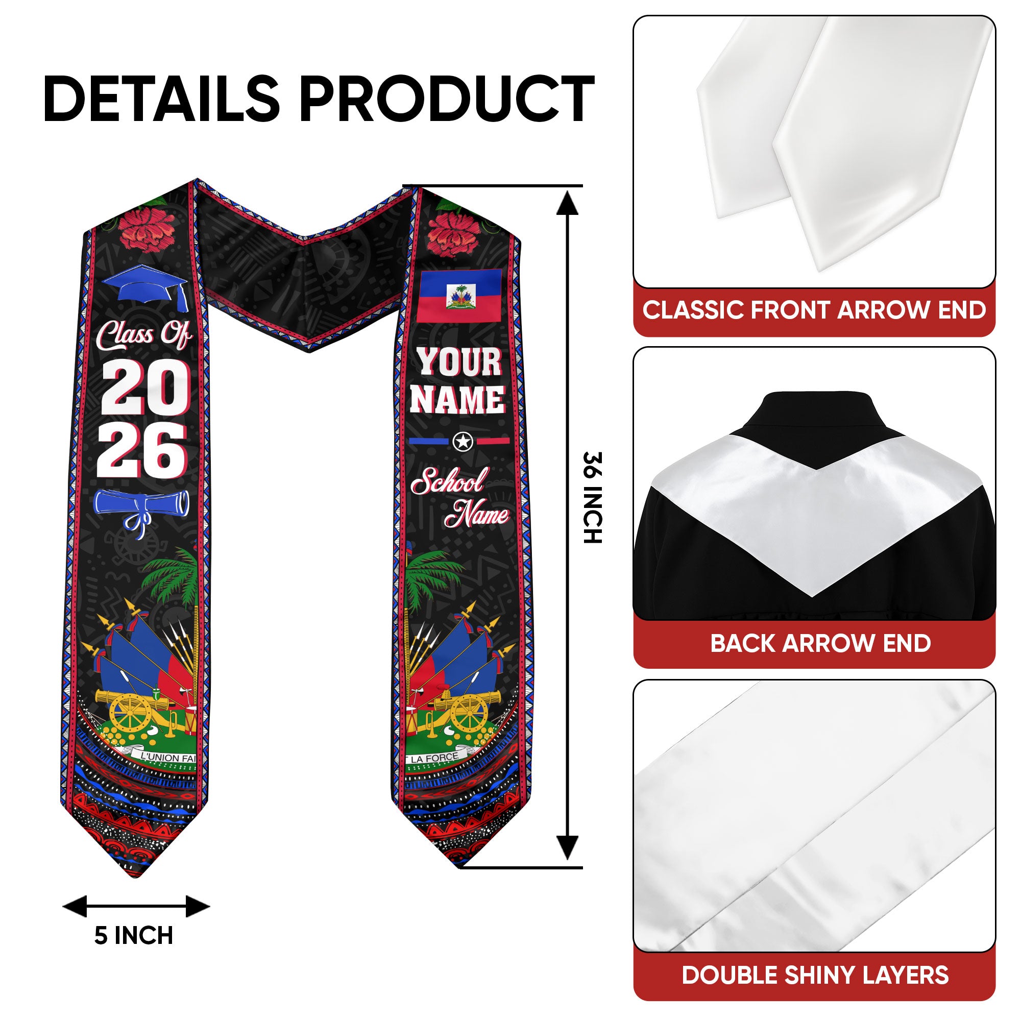 Haiti Graduation Stole 2026, Haitian Flag Sash, Personalized Detail for Graduates