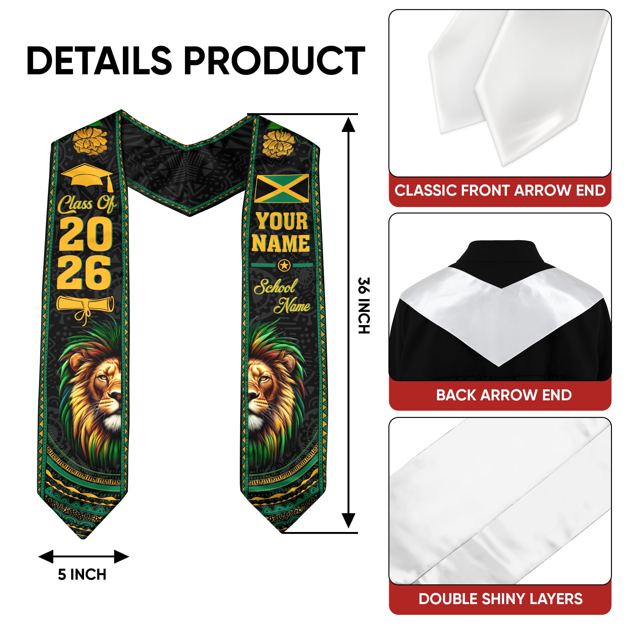 Jamaica Graduation Stole 2026, Jamaican Flag Graduation Sash, Personal Detail Option for Grads