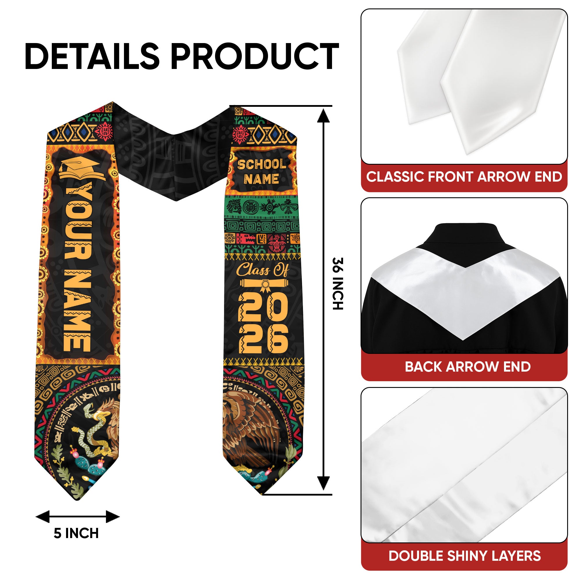 Mexican Flag Graduation Sash 2026, Mexico Stole for Grads, Optional Personal Detail Add-On