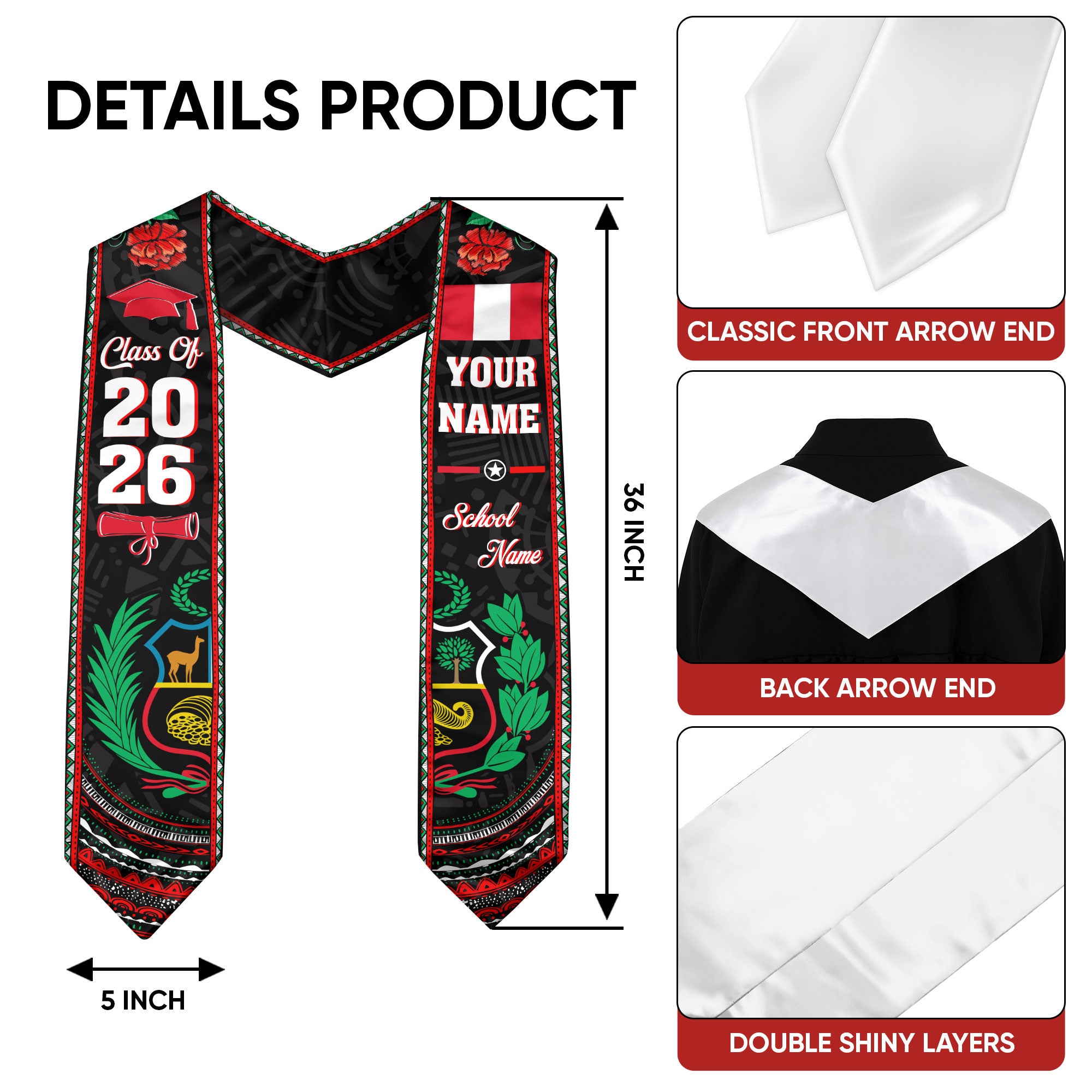 Peru Graduation Sash 2026, Peru Flag Stole, Custom Peru Graduation Stole