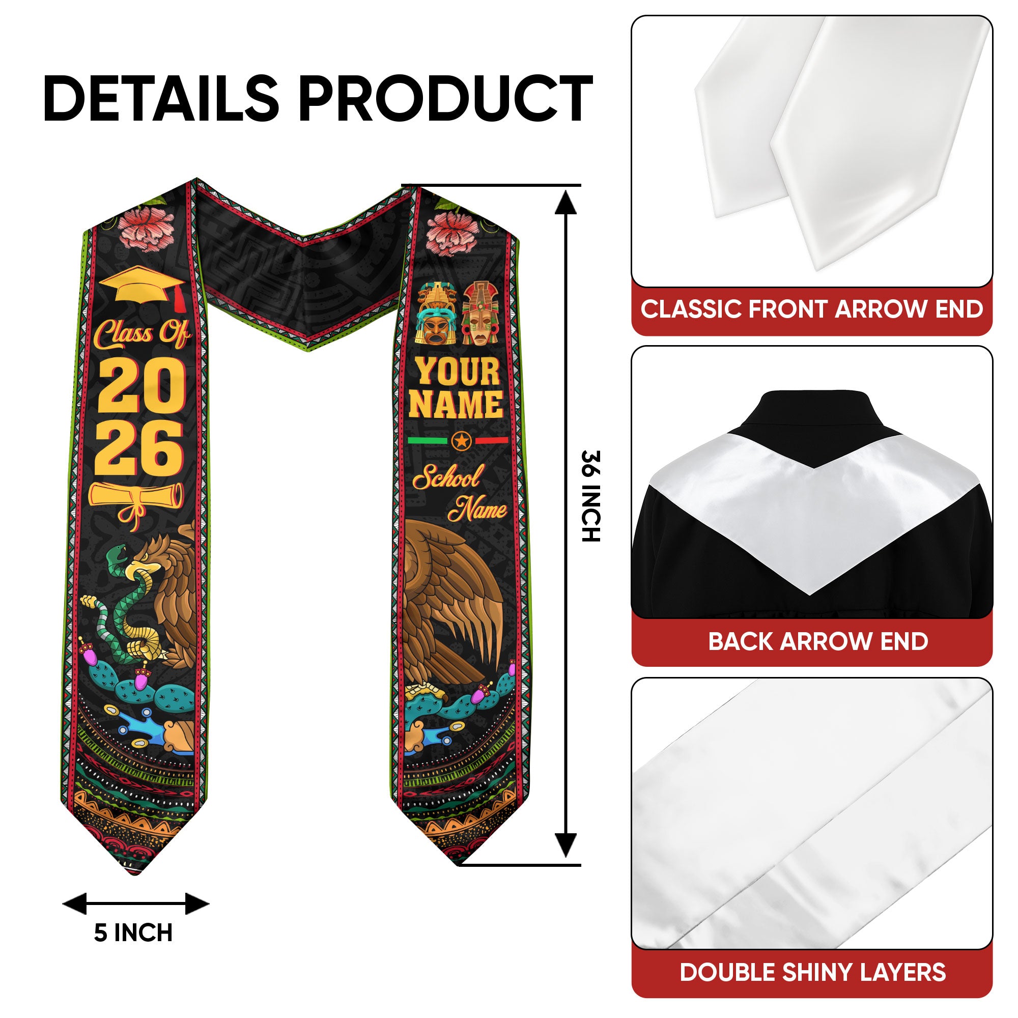 Mexico Graduation Sash 2026, Mexican Flag Stole, Add Your Details Option for Graduates