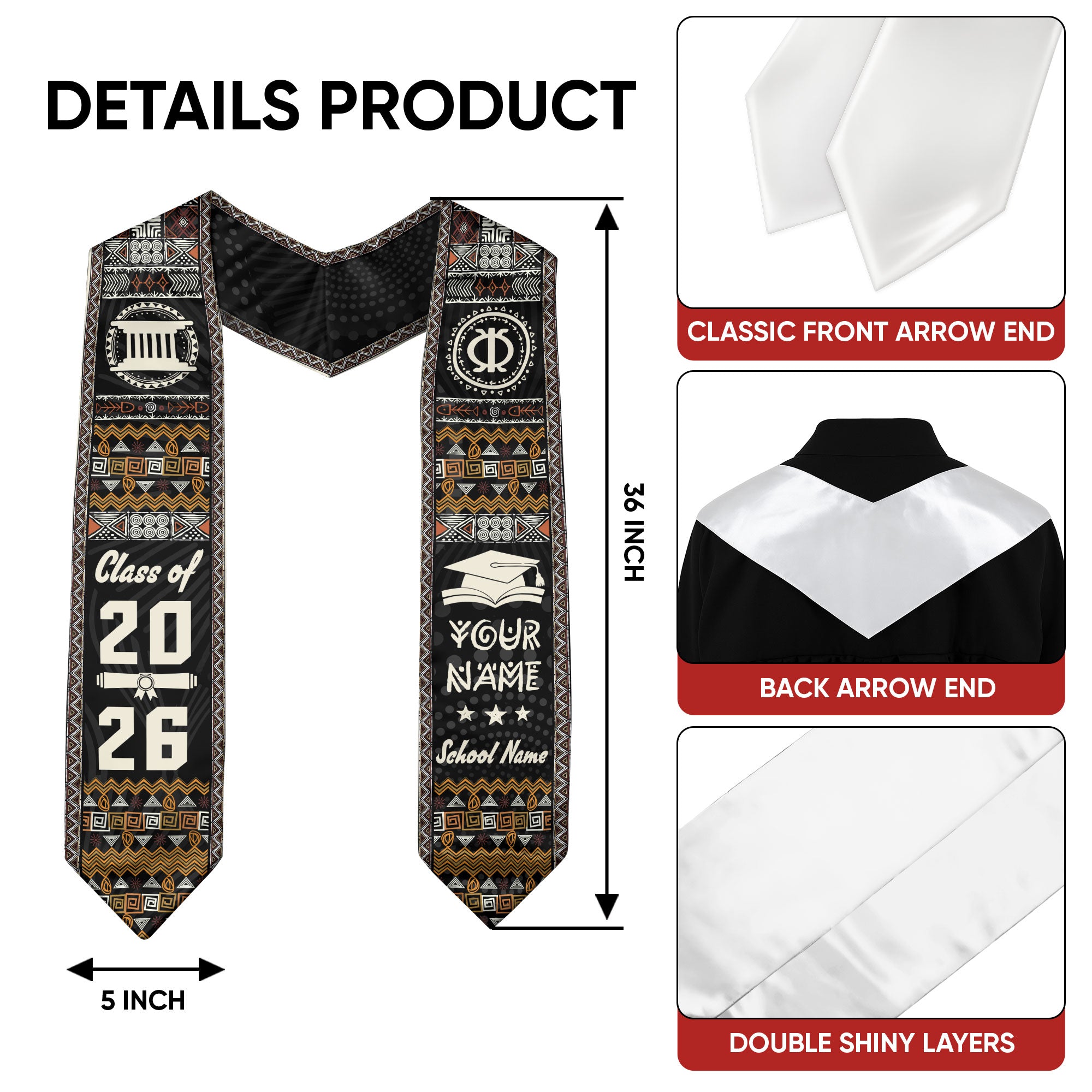 Customized African American Graduation Sash with Pan African Flag Colors, Class of 2026