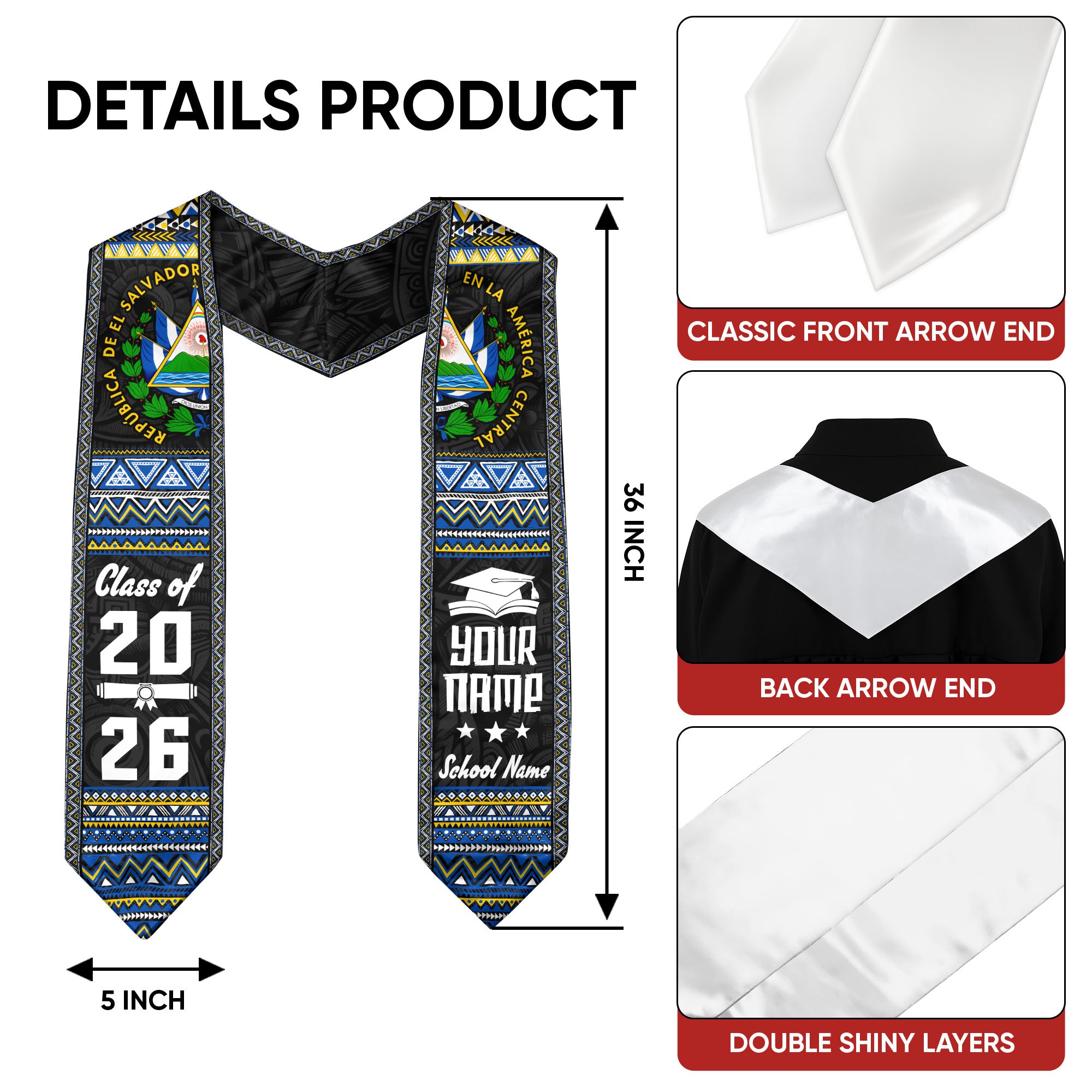 2026 El Salvador Flag Graduation Sash, El Salvador Stole for Graduates, Detail Option