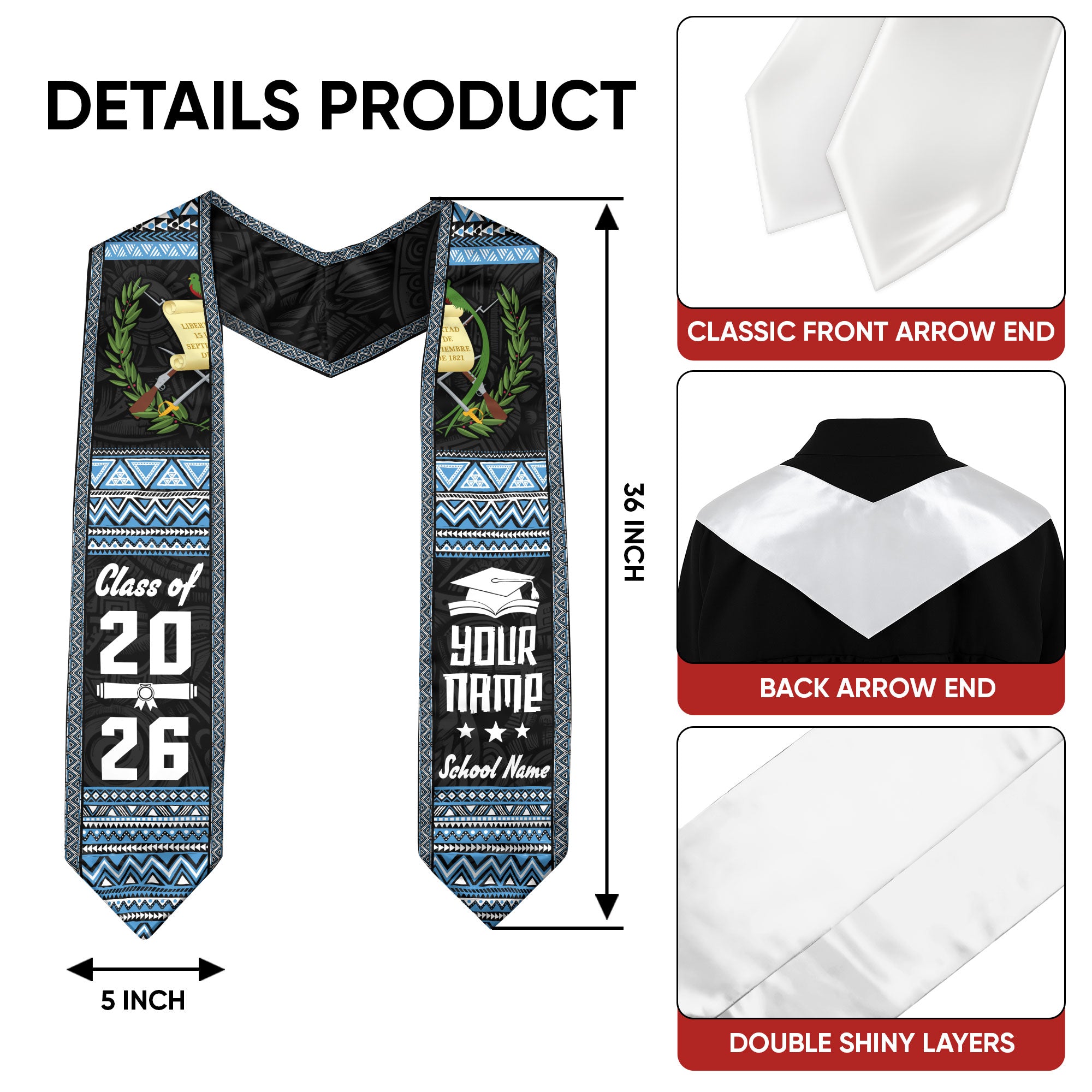 2026 Guatemala Flag Graduation Sash, Guatemala Stole for Graduation, Detail Option Available