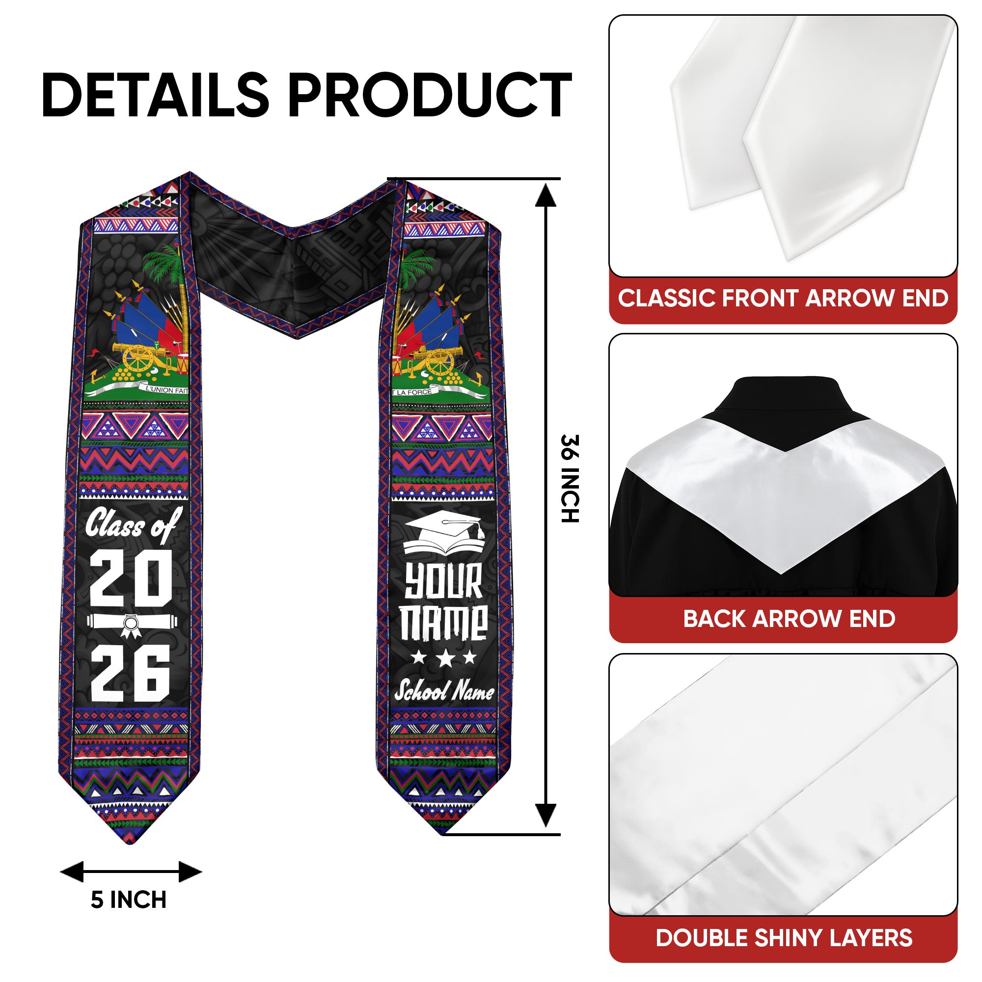 Haitian Flag Graduation Sash 2026, Haiti Stole for Grads, Signature Tailored Finish