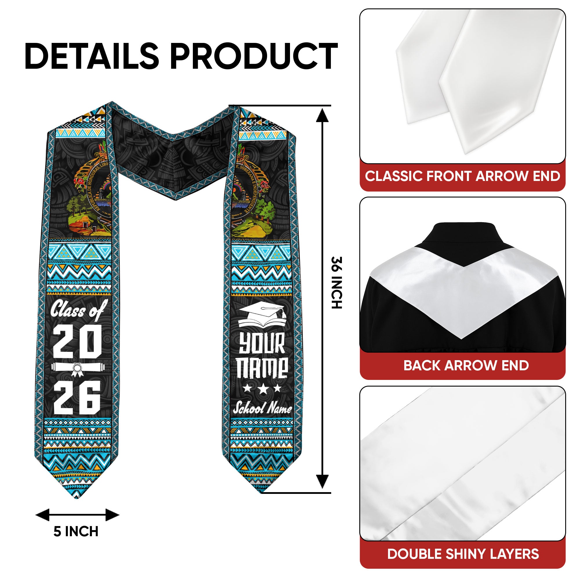 2026 Honduras Flag Graduation Sash, Honduras Graduation Stole, Custom Honduras Stole