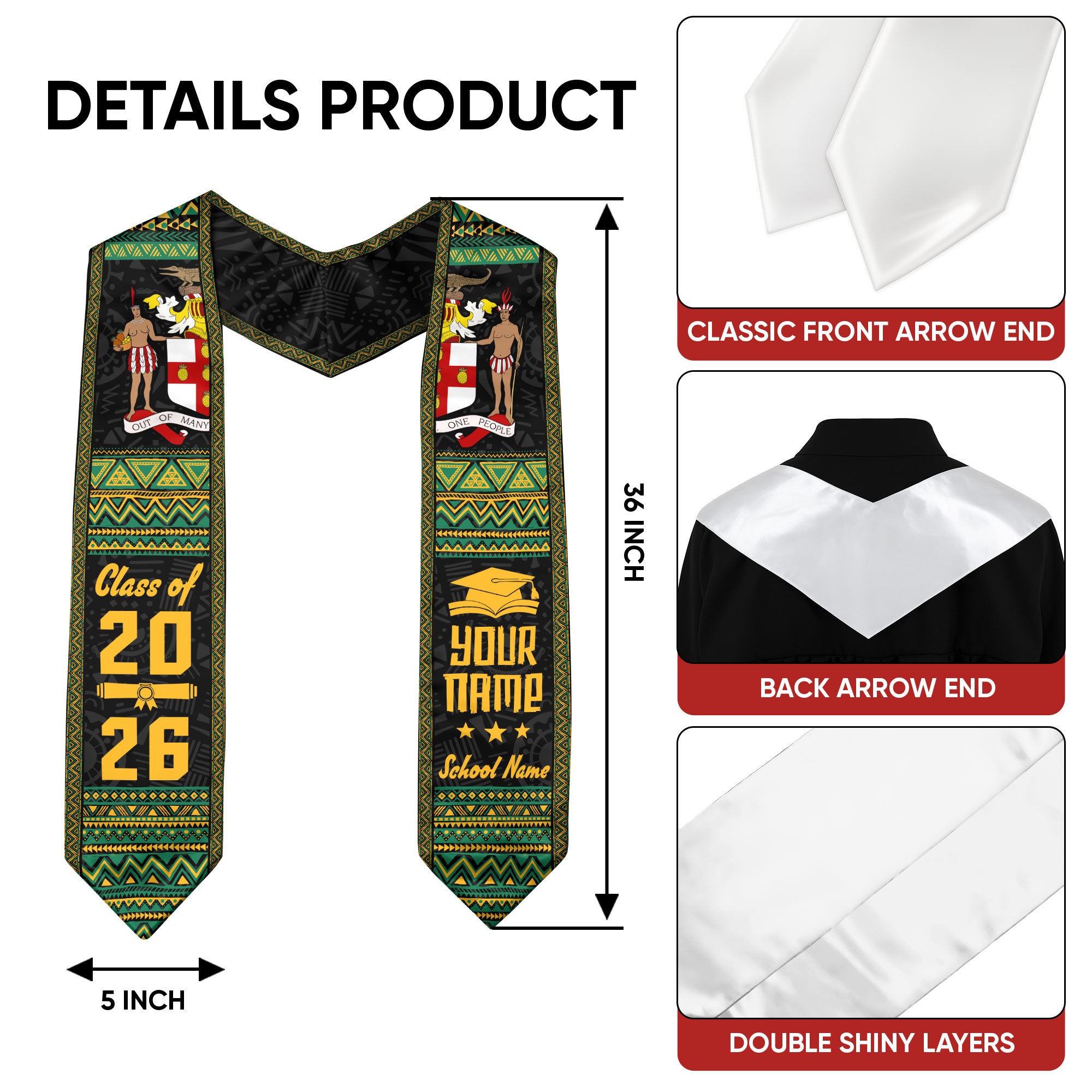 2026 Jamaican Flag Graduation Sash, Jamaica Stole for Graduation, Personalized Finish Detail