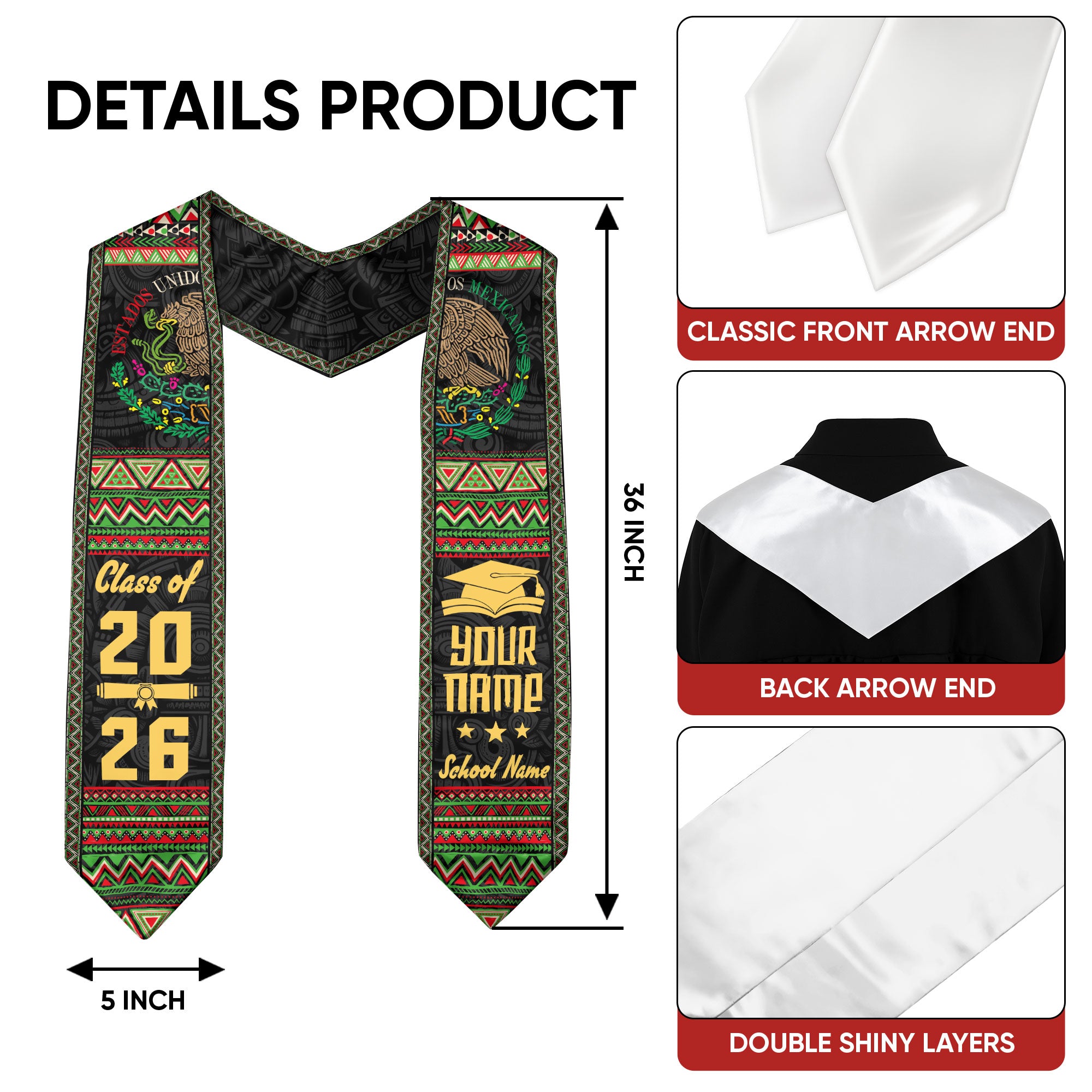 2026 Mexican Graduation Stole, Mexico Flag Sash, Personalized Finish Option for Proud Grads