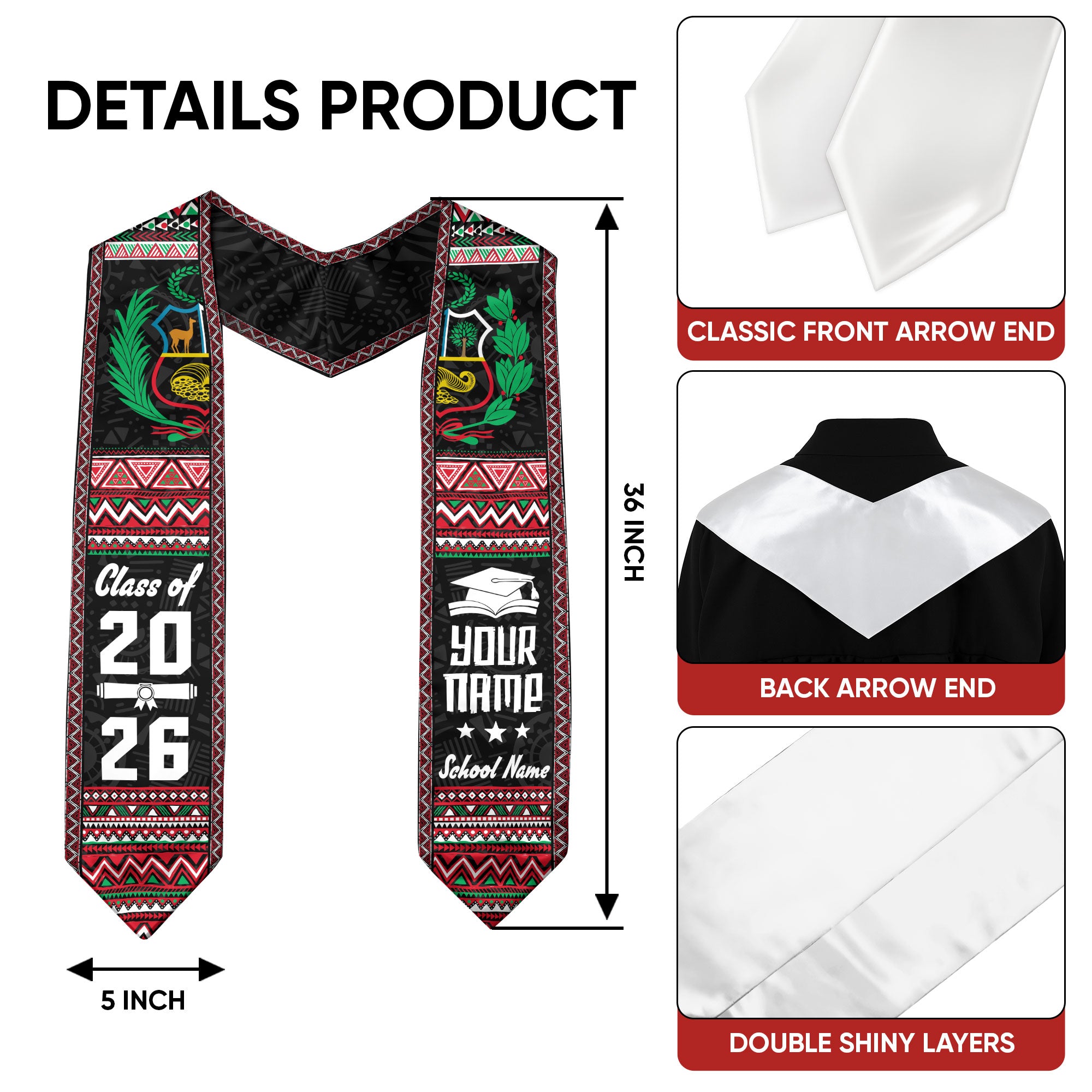 Peru Flag Graduation Sash 2026, Peru Stole, Customizable Peru Graduation Stole