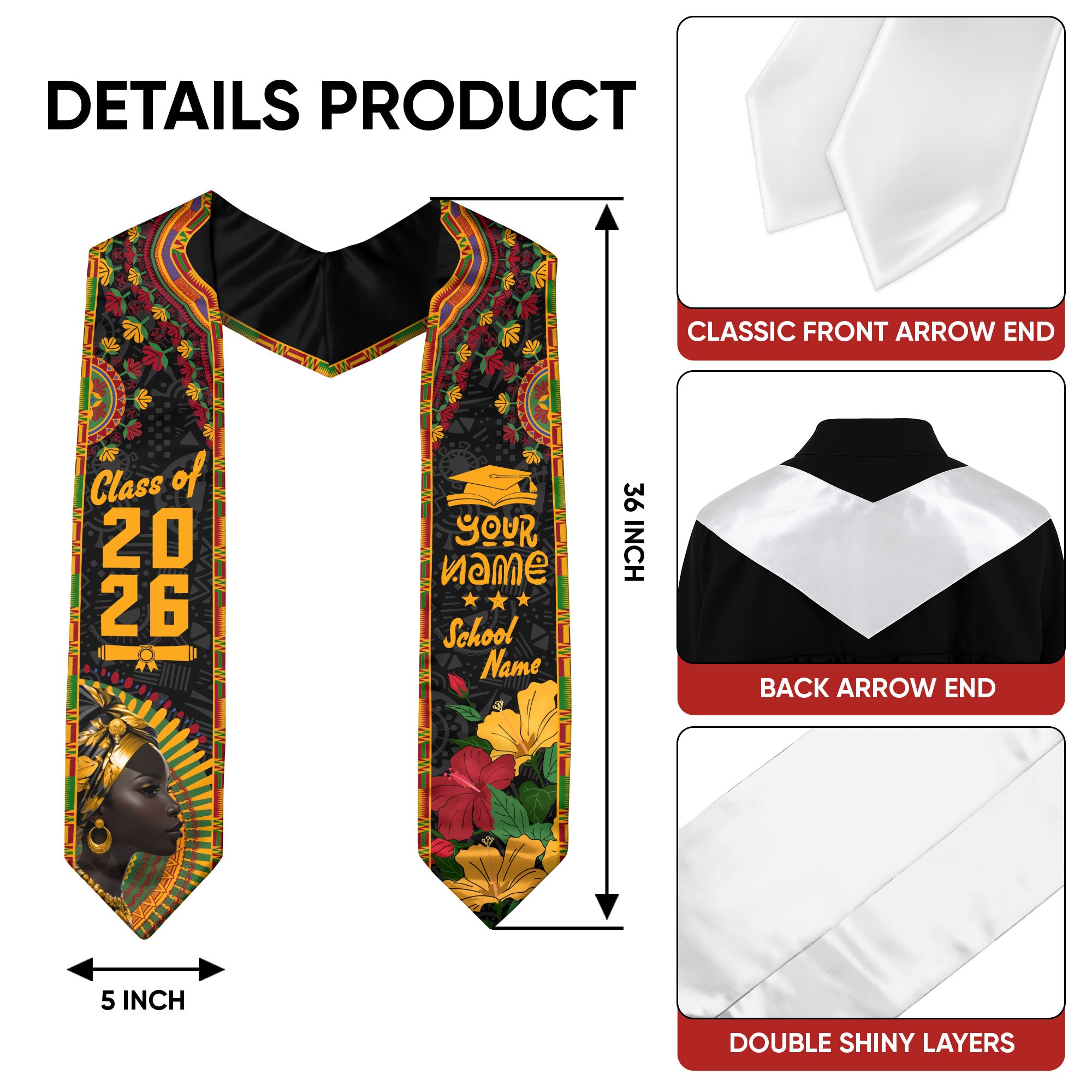 Customized Pan African Flag Graduation Stole, Cultural Graduation Sash for 2026 Graduates