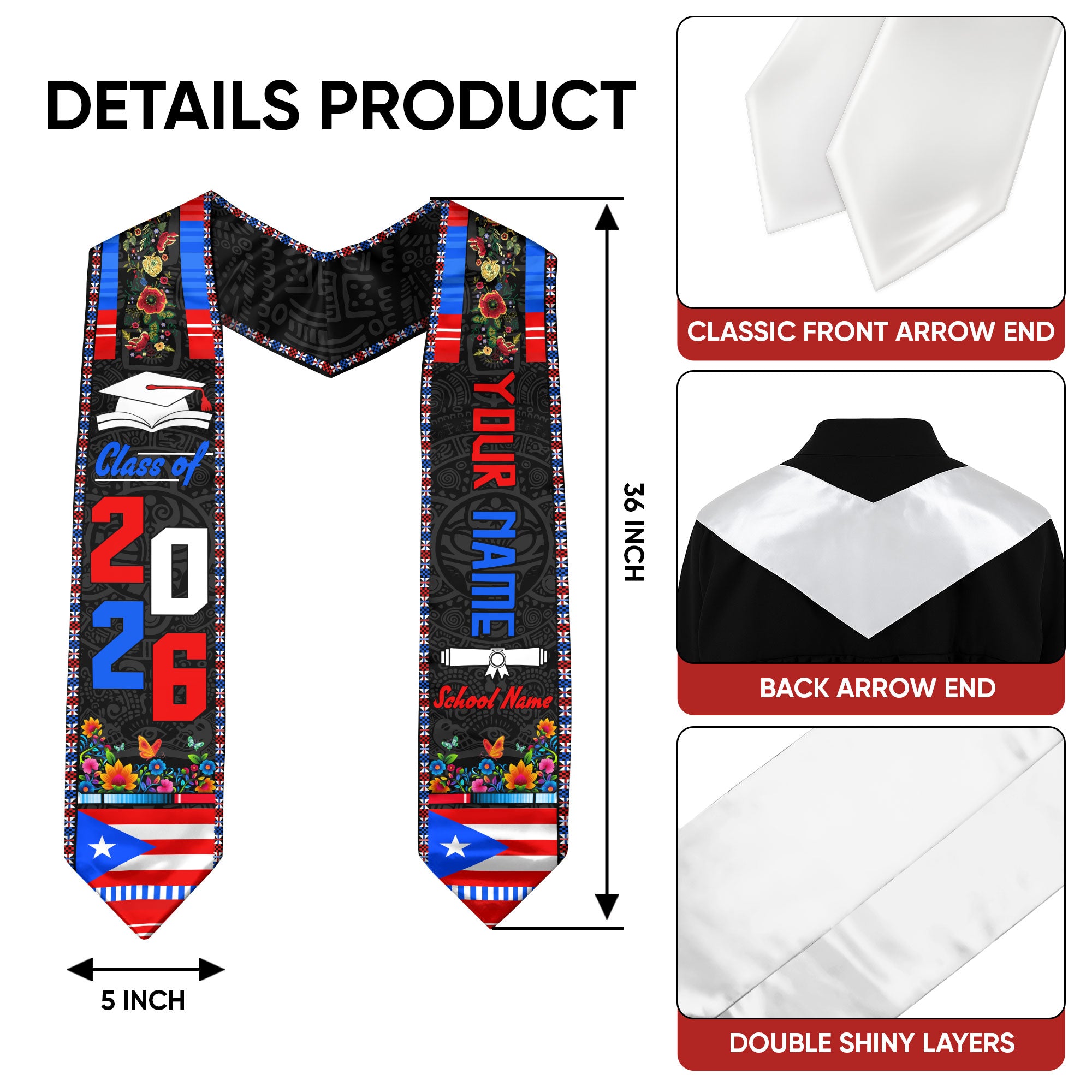 2026 Puerto Rico Stole, Puerto Rican Flag Graduation Sash, Made Just for You Style
