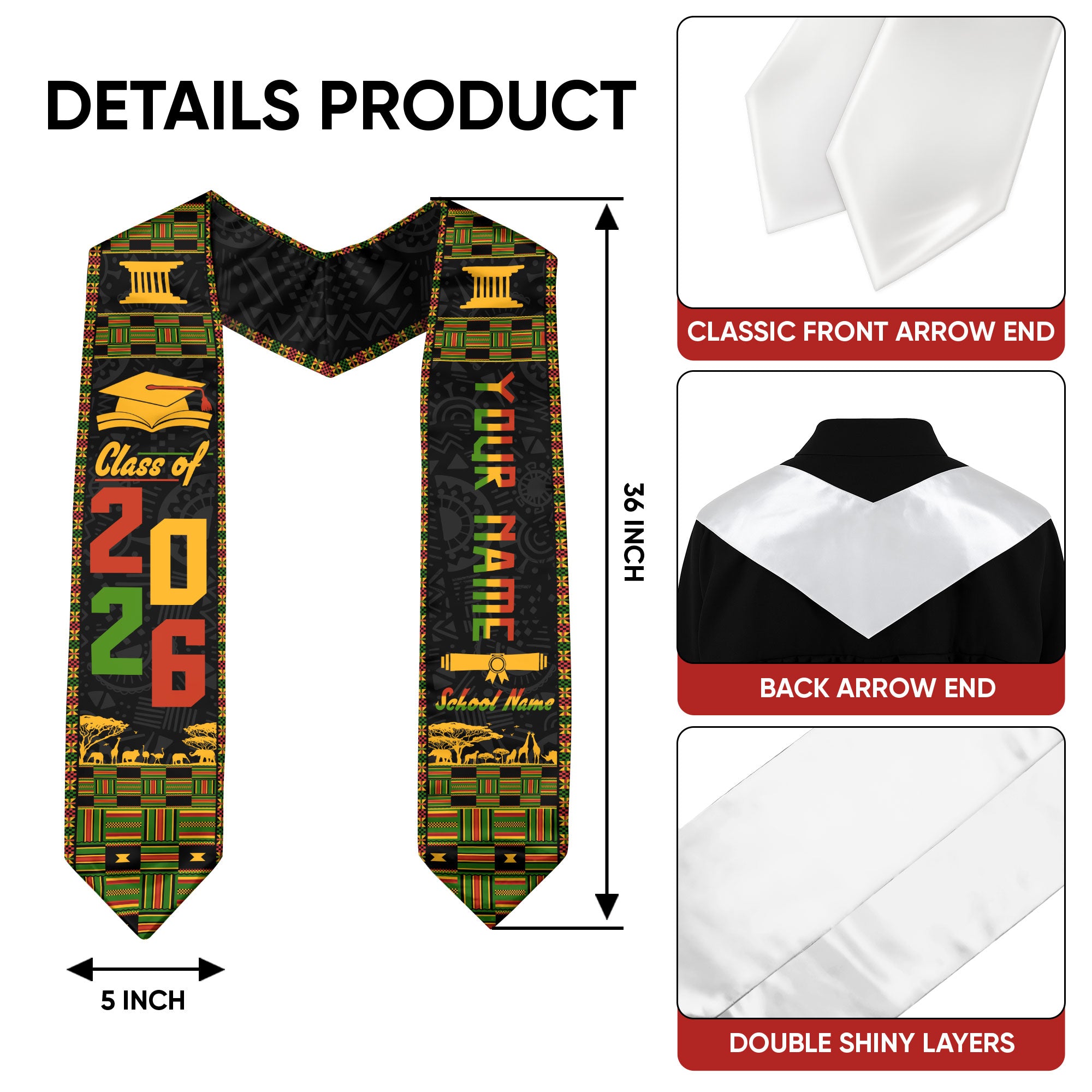 Customized African American Graduation Stole Inspired by Pan African Colors, Graduation Sash 2026