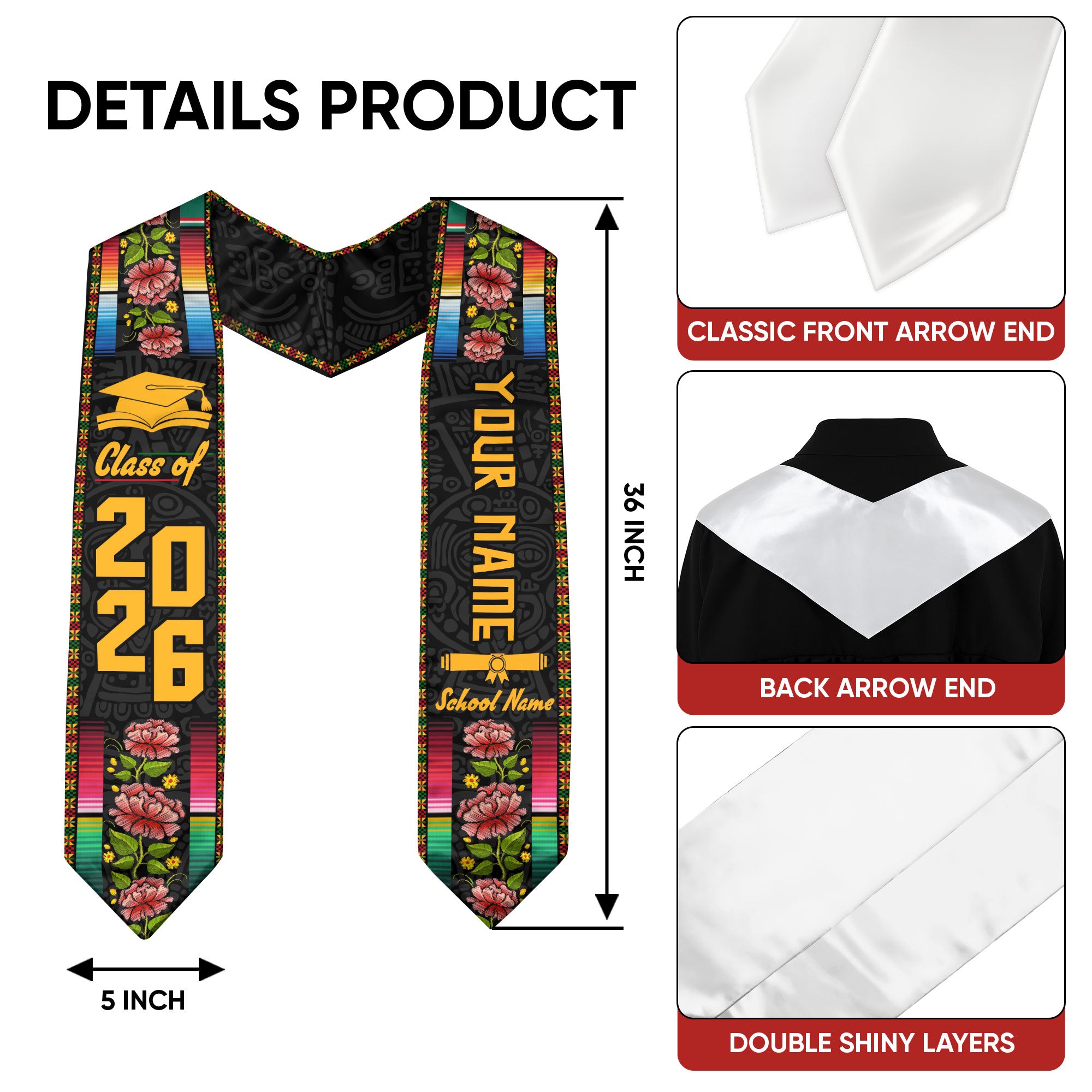 2026 Mexico Flag Graduation Stole, Mexican Sash for Graduation, Detail Option Available