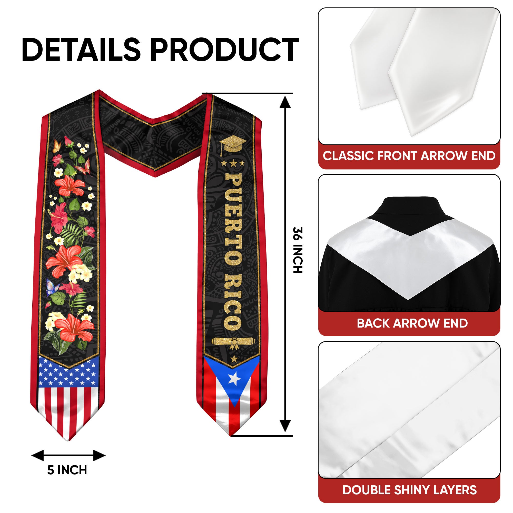Puerto Rican Flag Graduation Stole 2026, Puerto Rico Graduation Sash, PR Stole