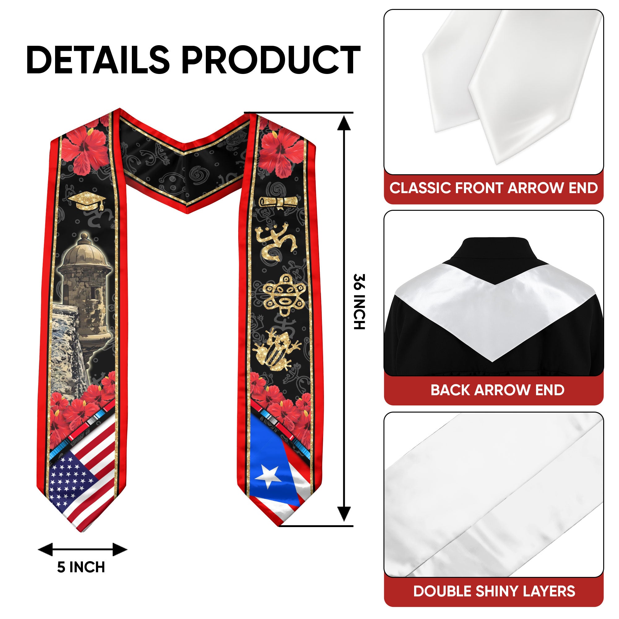 Puerto Rico Graduation Sash 2026, Puerto Rican Flag Graduation Stole, Class of 2026
