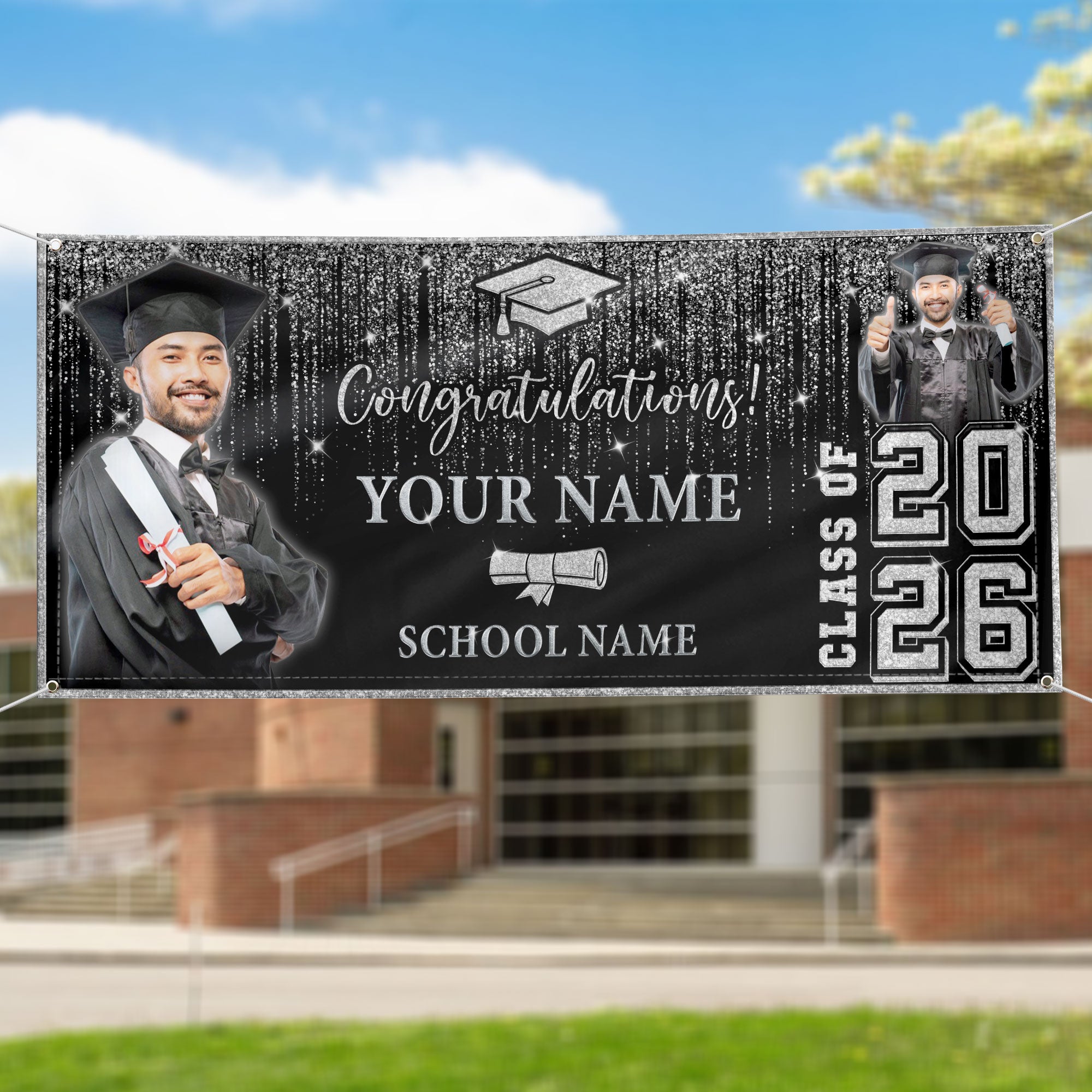 Custom Graduation Banner 2026 Photo Glitter Silver Curtain Pattern Congrats Grad Backdrop Personalized